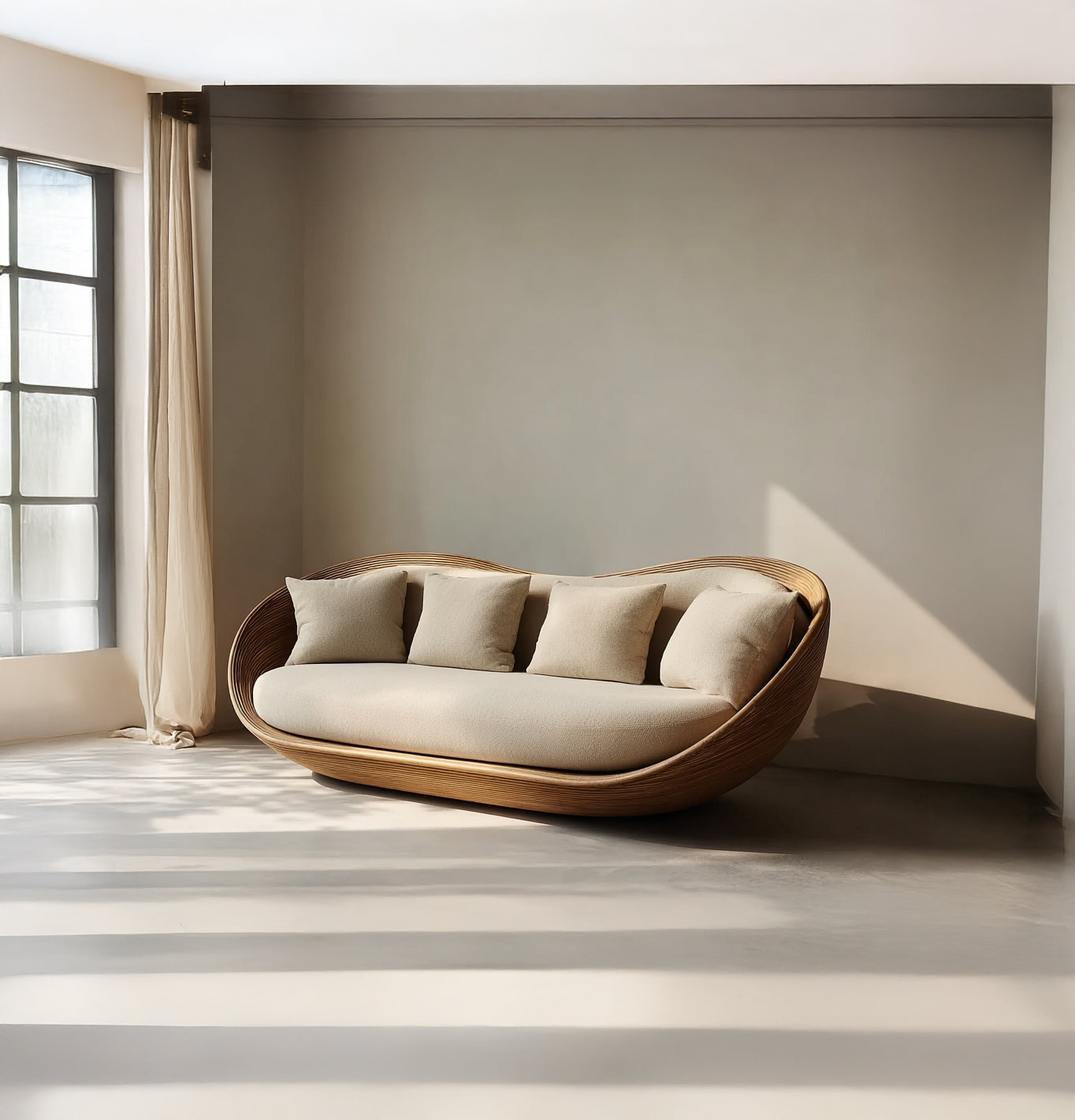Künstlerisches Holzsofa – skulpturales, modernes Sitzmöbel für das Wohnzimmer