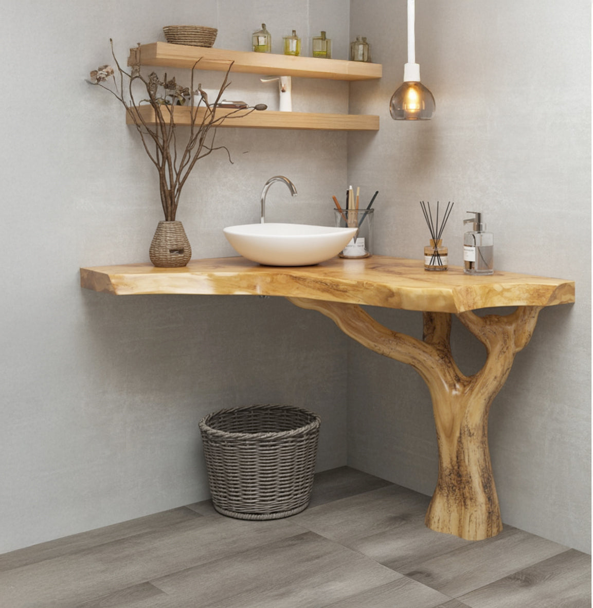 Waschtisch aus Baumstamm mit Naturkante – Massivholz-Eckkonsole mit Astbein