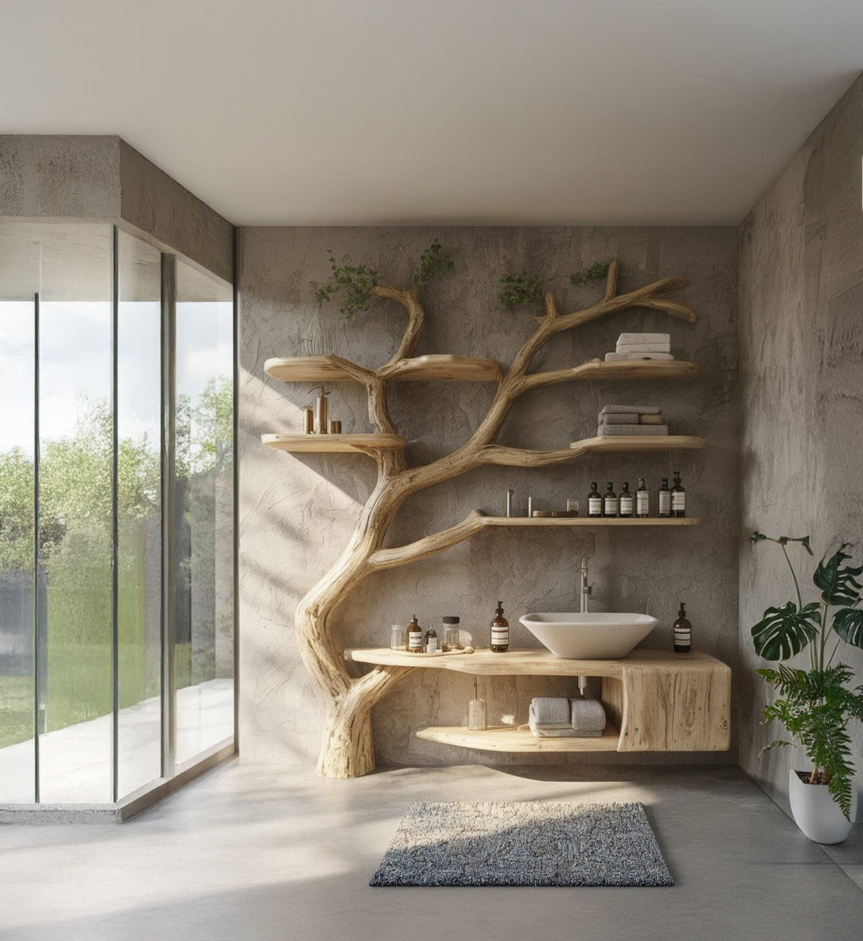 Massivholz-Waschtisch mit Baumzweig-Regalen – rustikal & handgefertigt