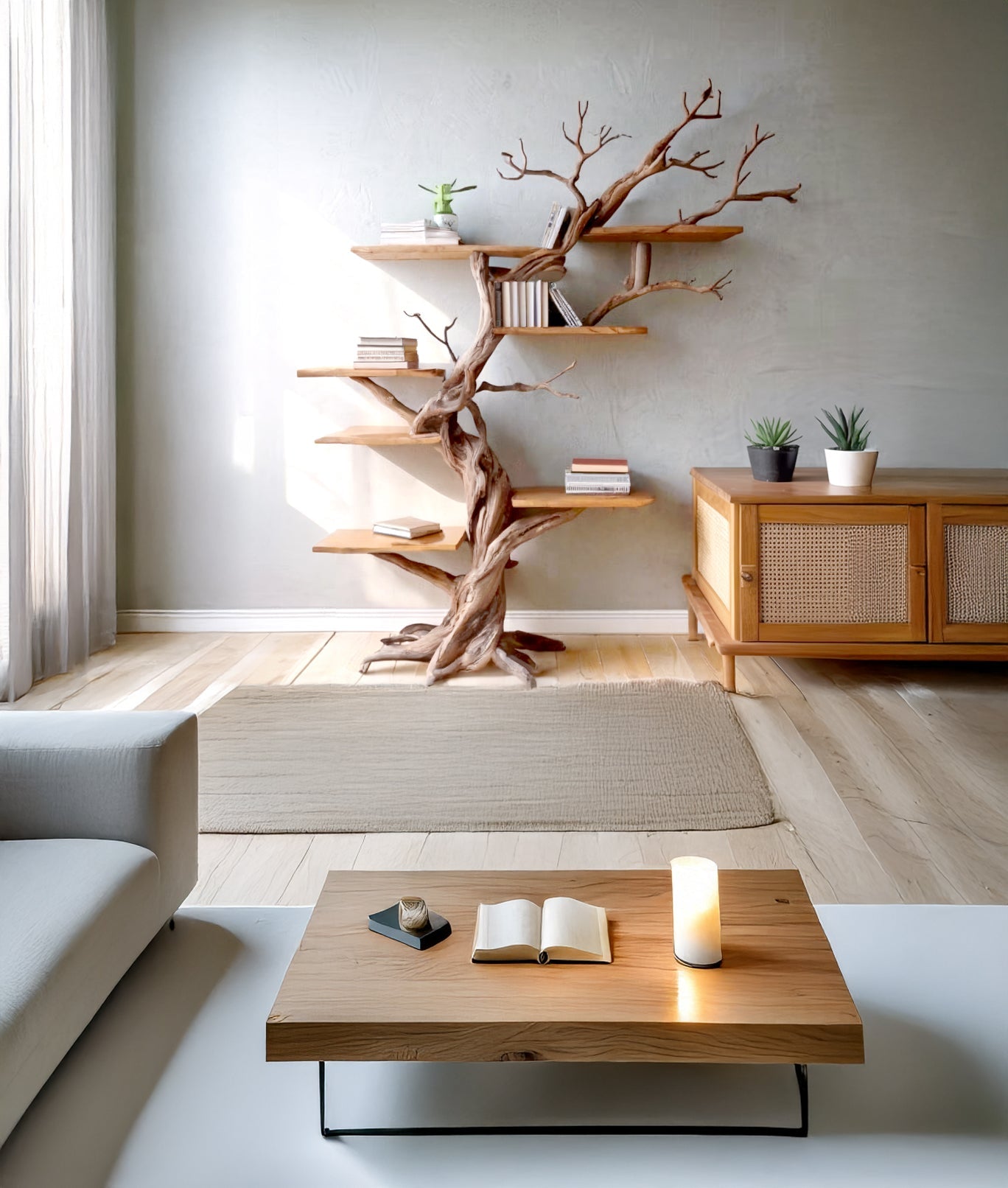 Rustikales Mahagoni-Baumregal – Hohe Holzregale für Wohnzimmerdekoration