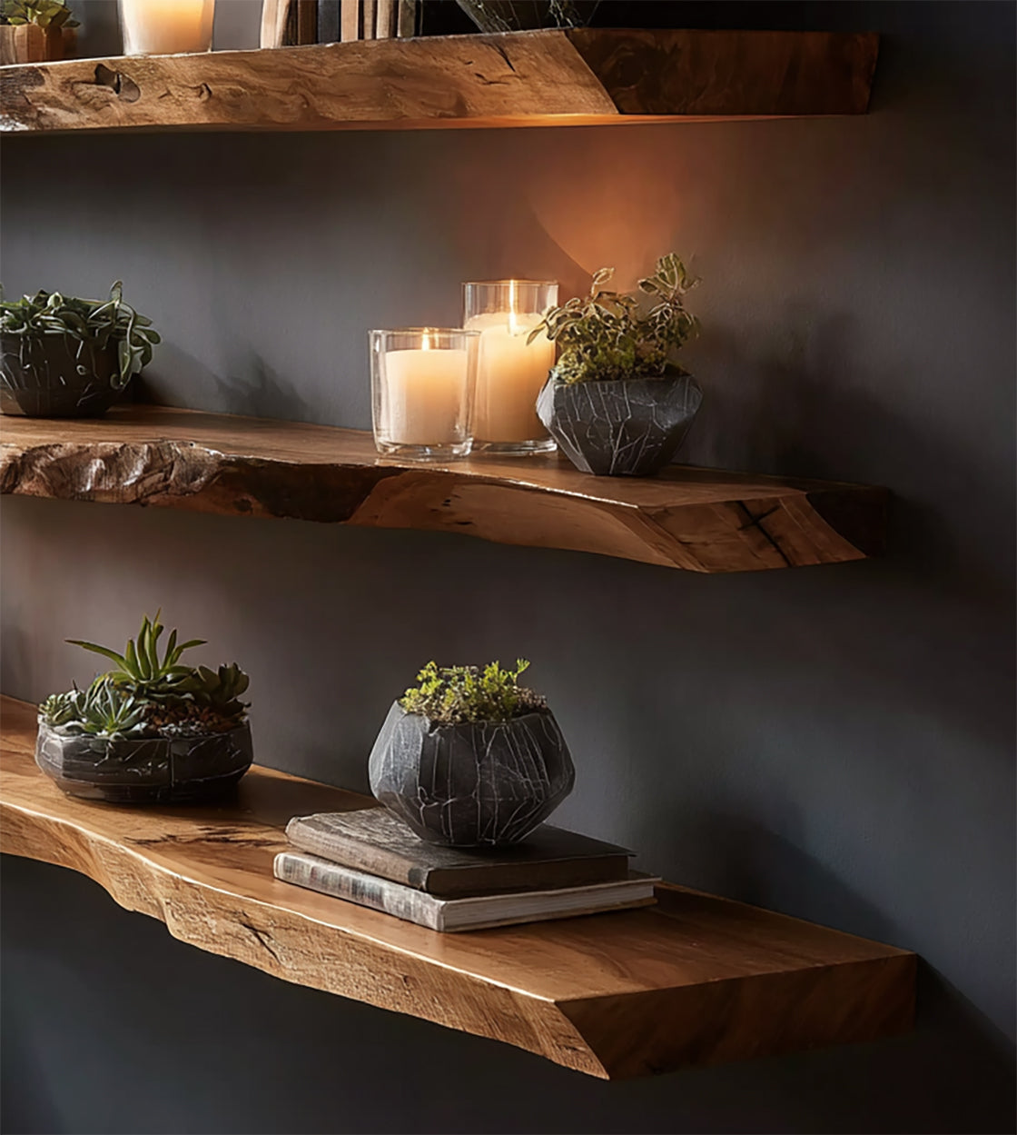 Handgefertigte Holzregale mit Baumkante – Massivholz-Schweberegale als Wand