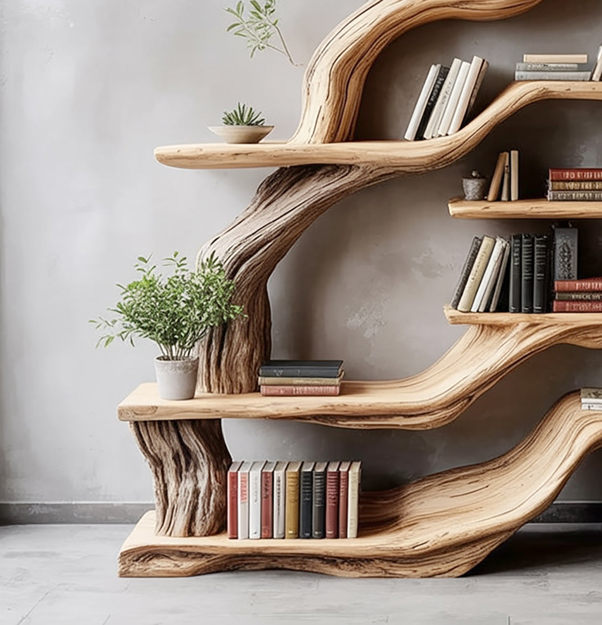 Handgefertigtes Live Edge Bücherregal – künstlerisches Baumzweig-Design