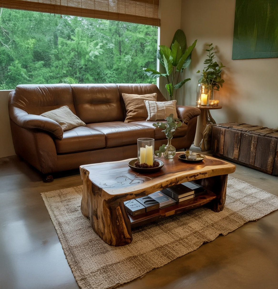 Handgefertigter Couchtisch mit Live Edge – Massivholz-Tisch mit Ablage