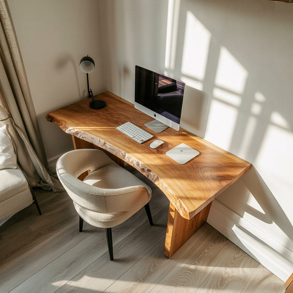 Rustikaler Schreibtisch mit natürlicher Baumkante für Homeoffice & Leseecke