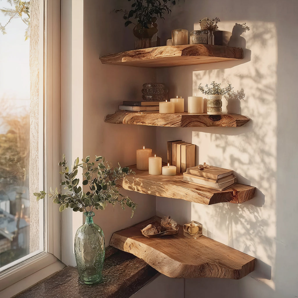 Handgefertigtes Wandregal – rustikales Floating-Eckregal im Landhausstil mit Baumkante