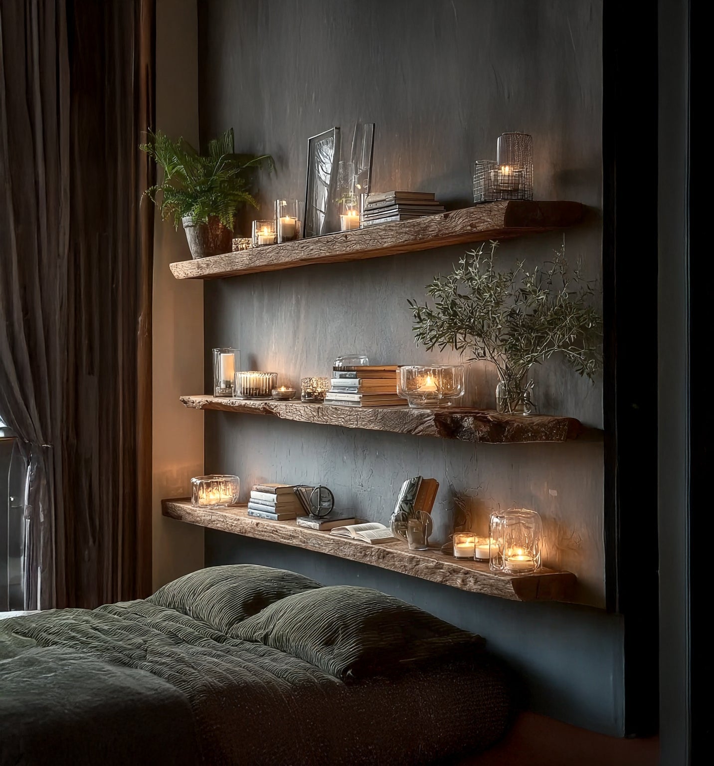 Rustikale schwebende Regale mit Baumkante – handgefertigt aus Massivholz