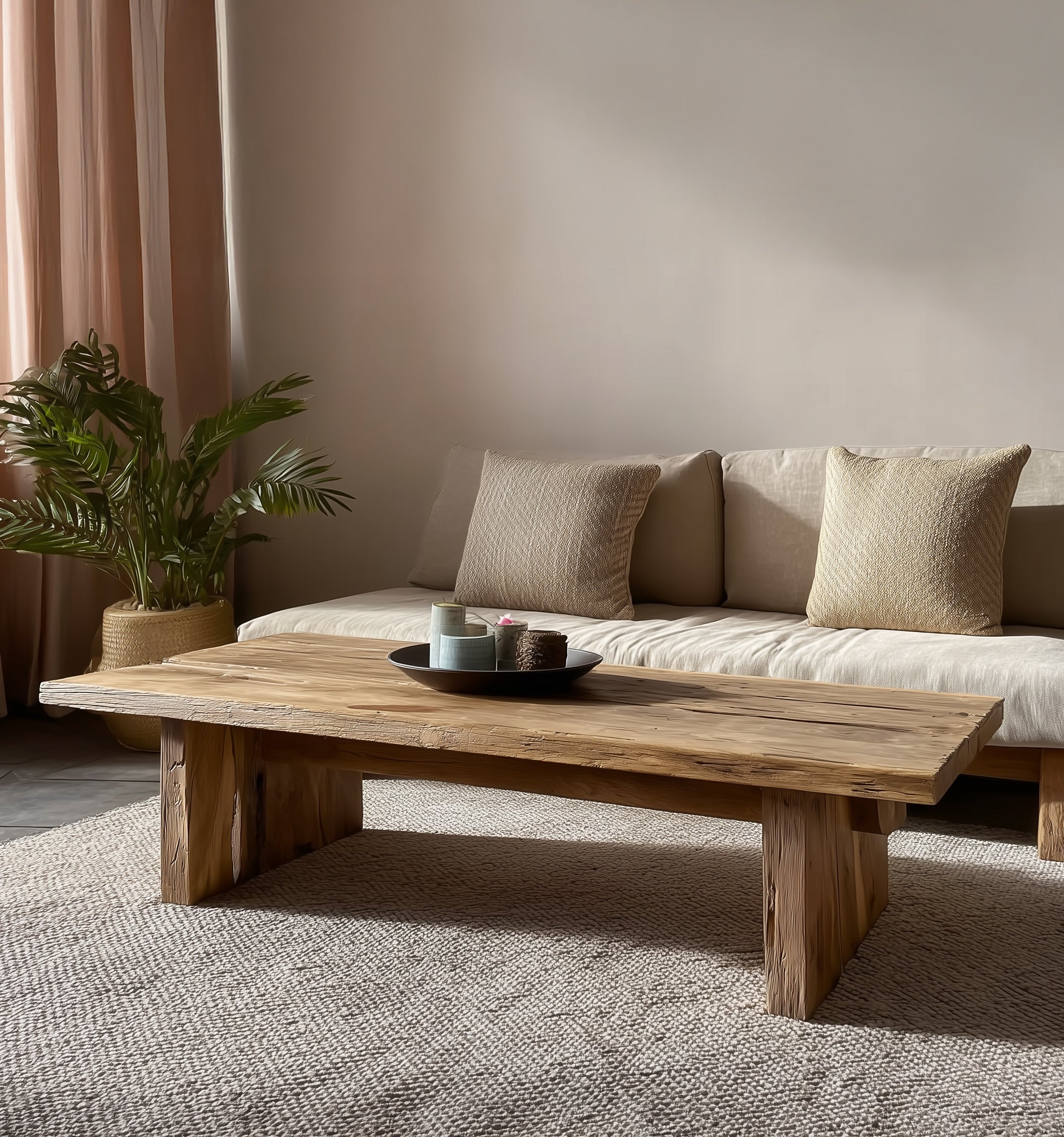 Rustikaler handgefertigter Couchtisch – Massivholz mit Baumkante, Landhausstil