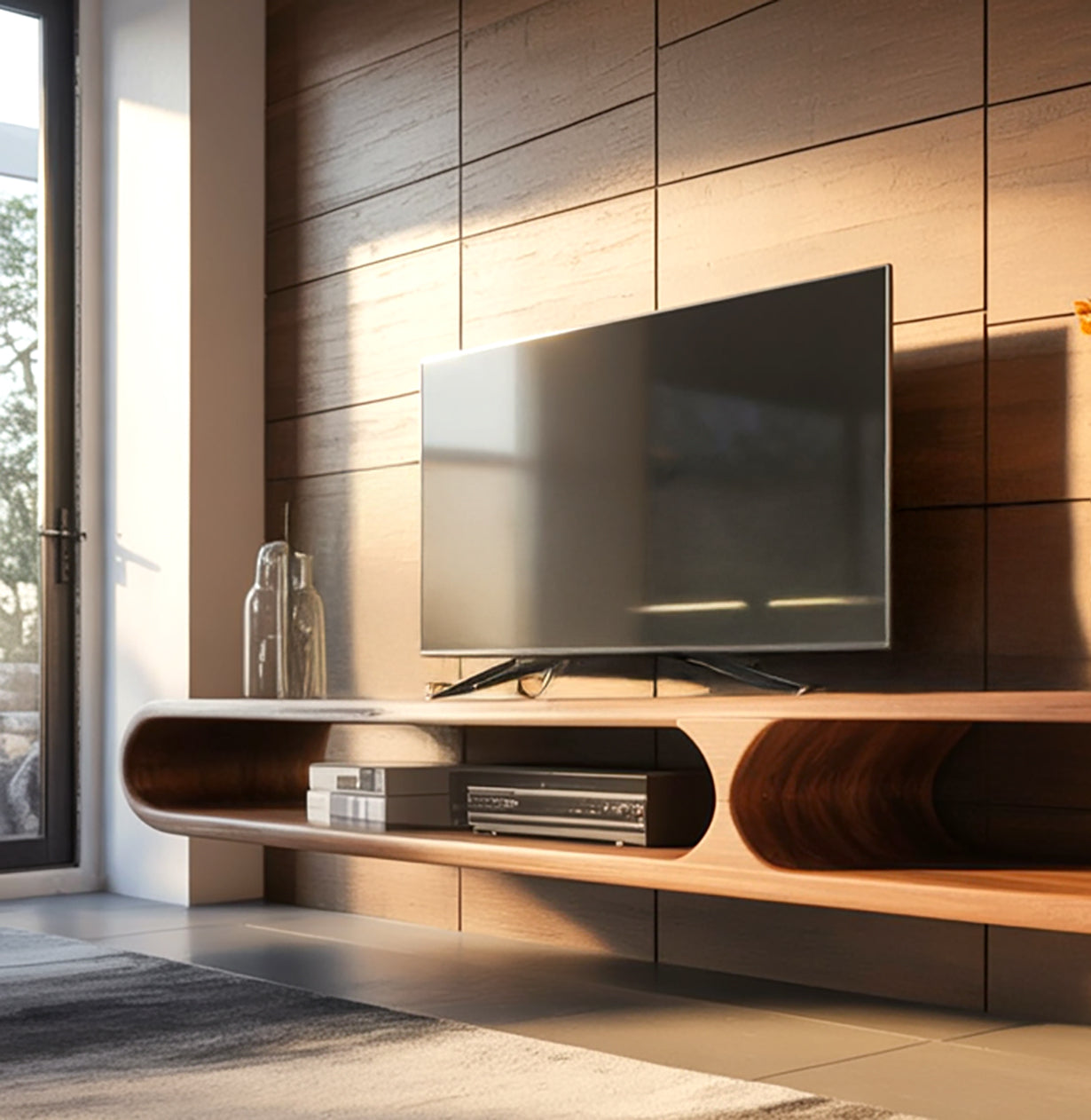 Moderner schwebender TV-Schrank – gebogene Massivholz-Konsole, handgefertigt