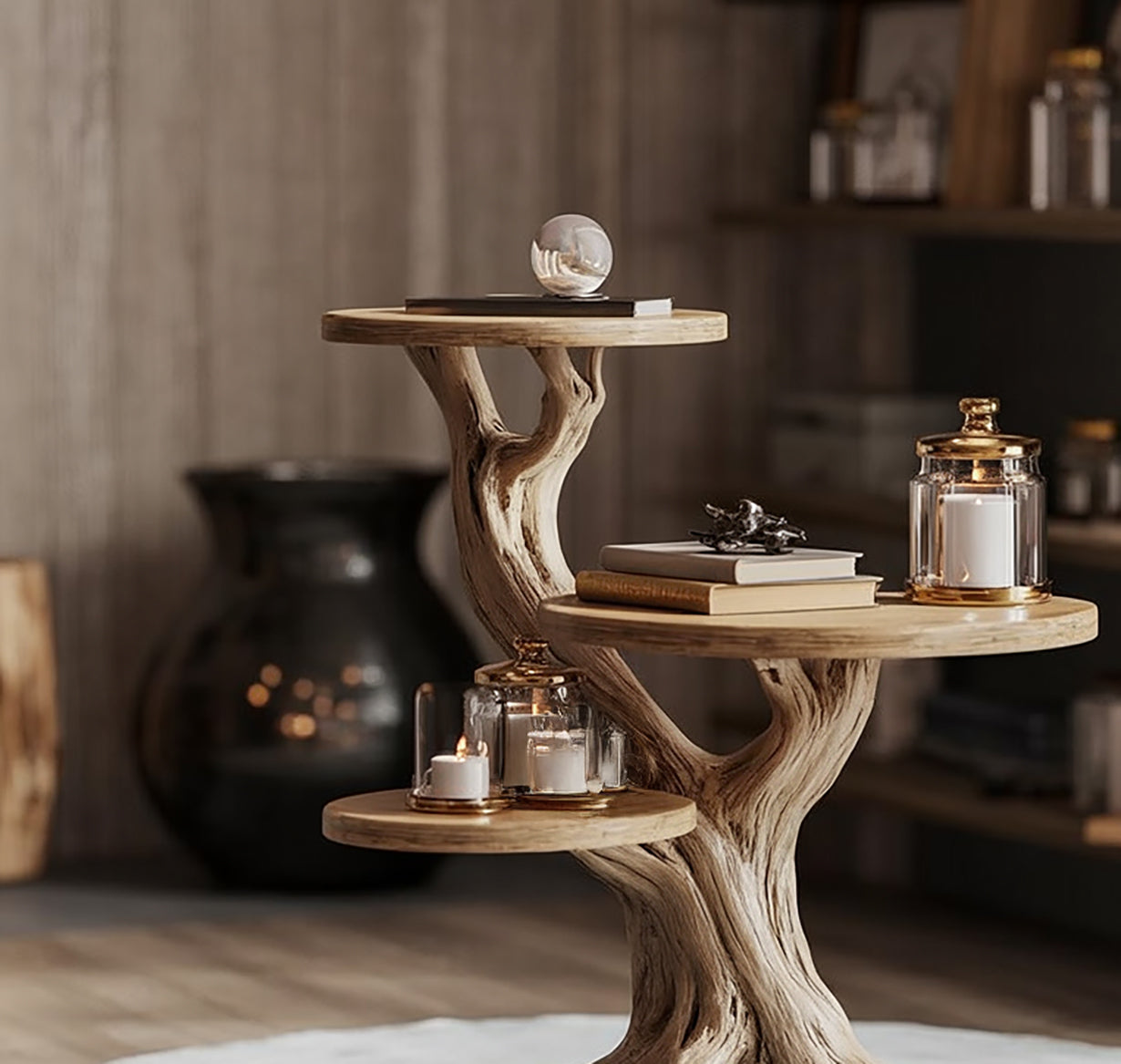 Handgefertigter Beistelltisch aus Massivholz im skulpturalen Baumdesign