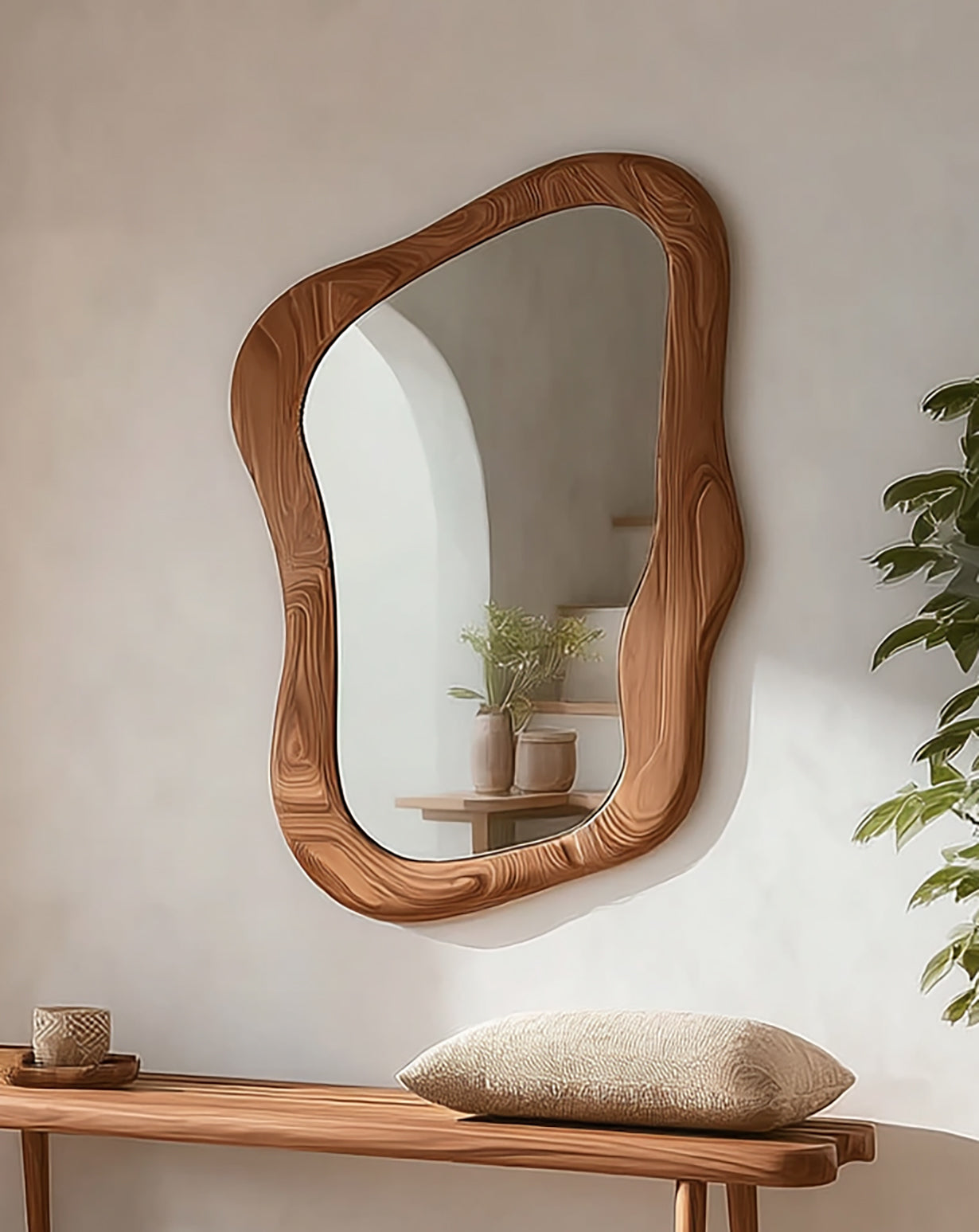 Großer Holz-Wandspiegel – asymmetrisch, unregelmäßig, modernes Boho-Design