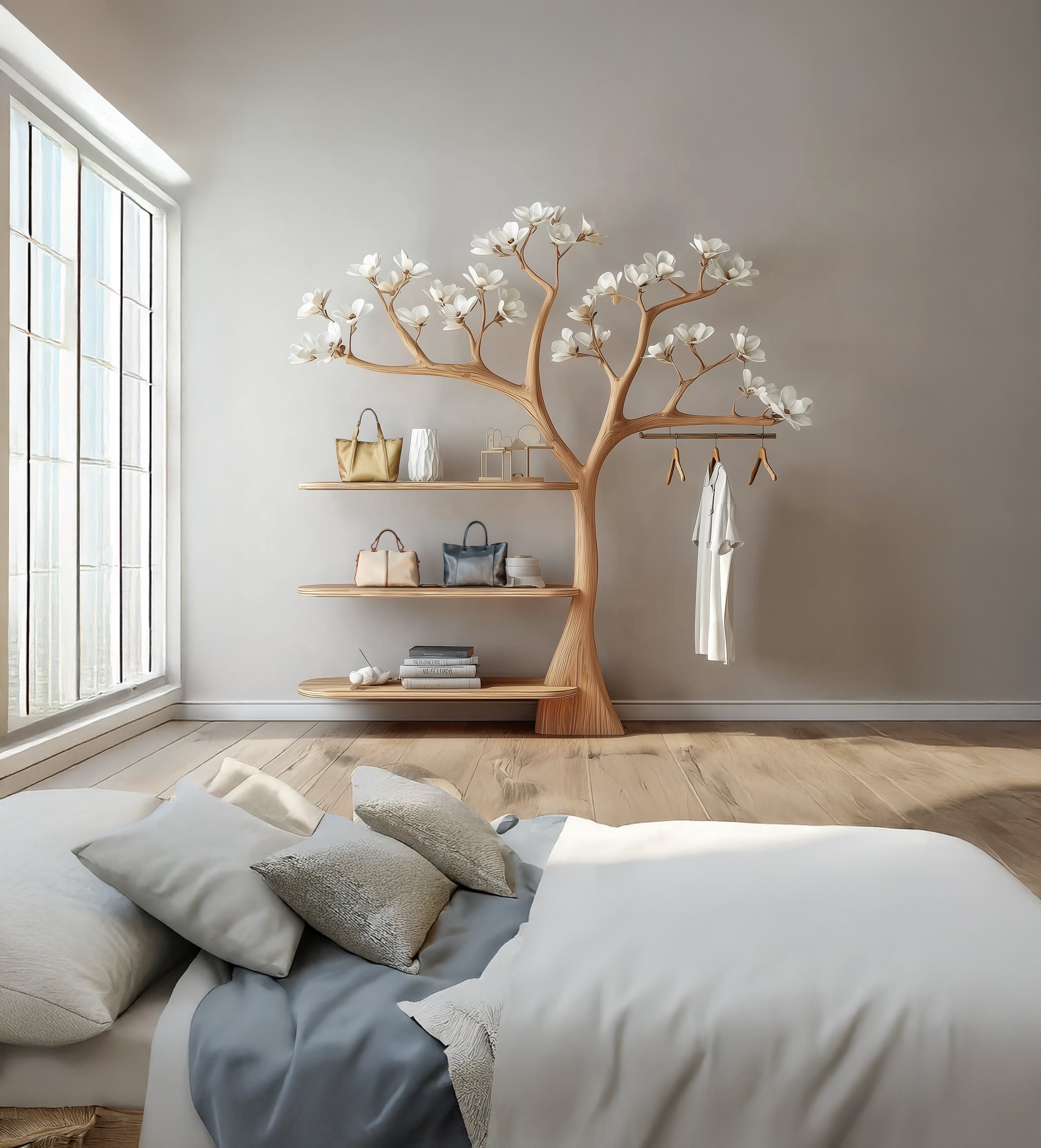 Baum-Wandgarderobe – rustikal, Holz-Haken, schwebende Ablagen