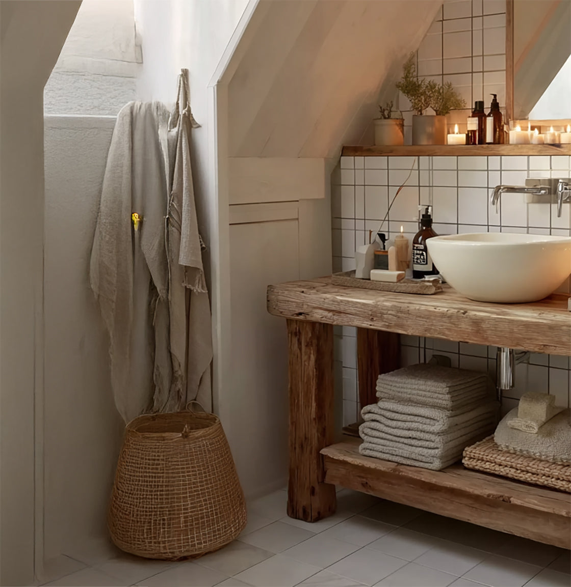 Rustikaler Badschrank aus recyceltem Massivholz mit offener Ablage