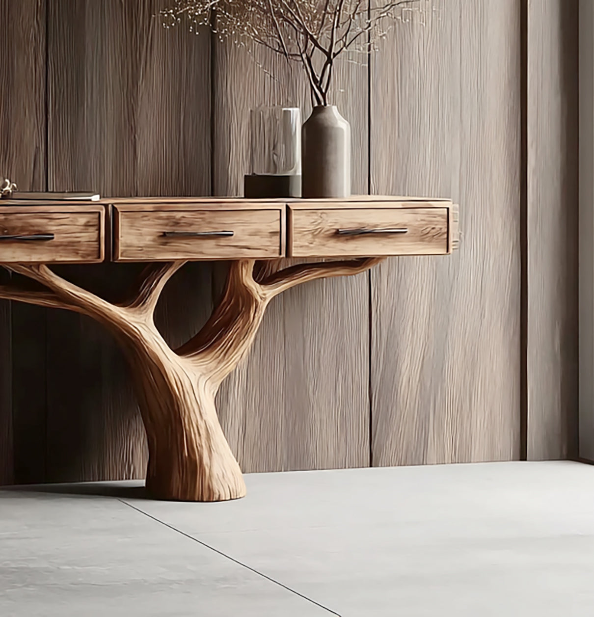 Handgefertigter Naturholz-Konsolentisch mit Baum-inspirierter Basis – Luxus für Diele