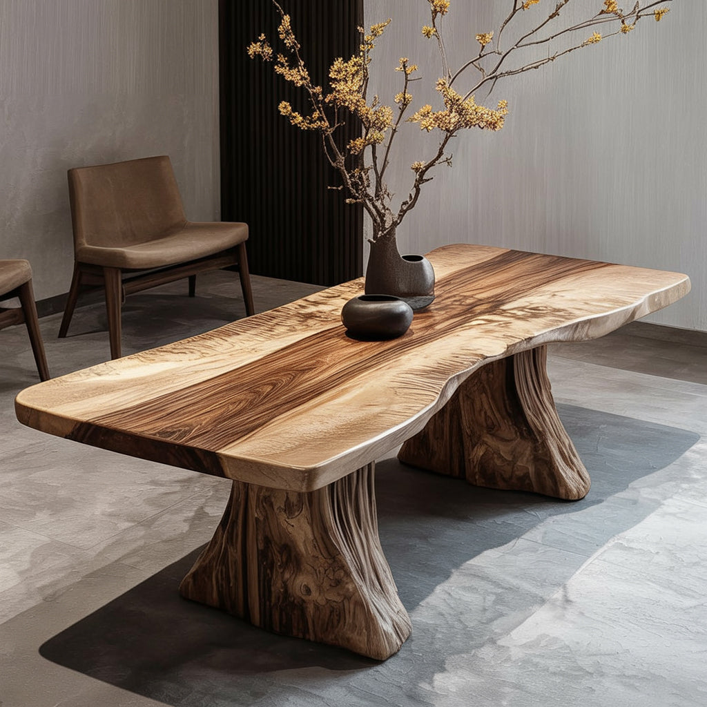 Live edge wooden dining table with natural grain and ceramic vases with yellow flowers in modern room