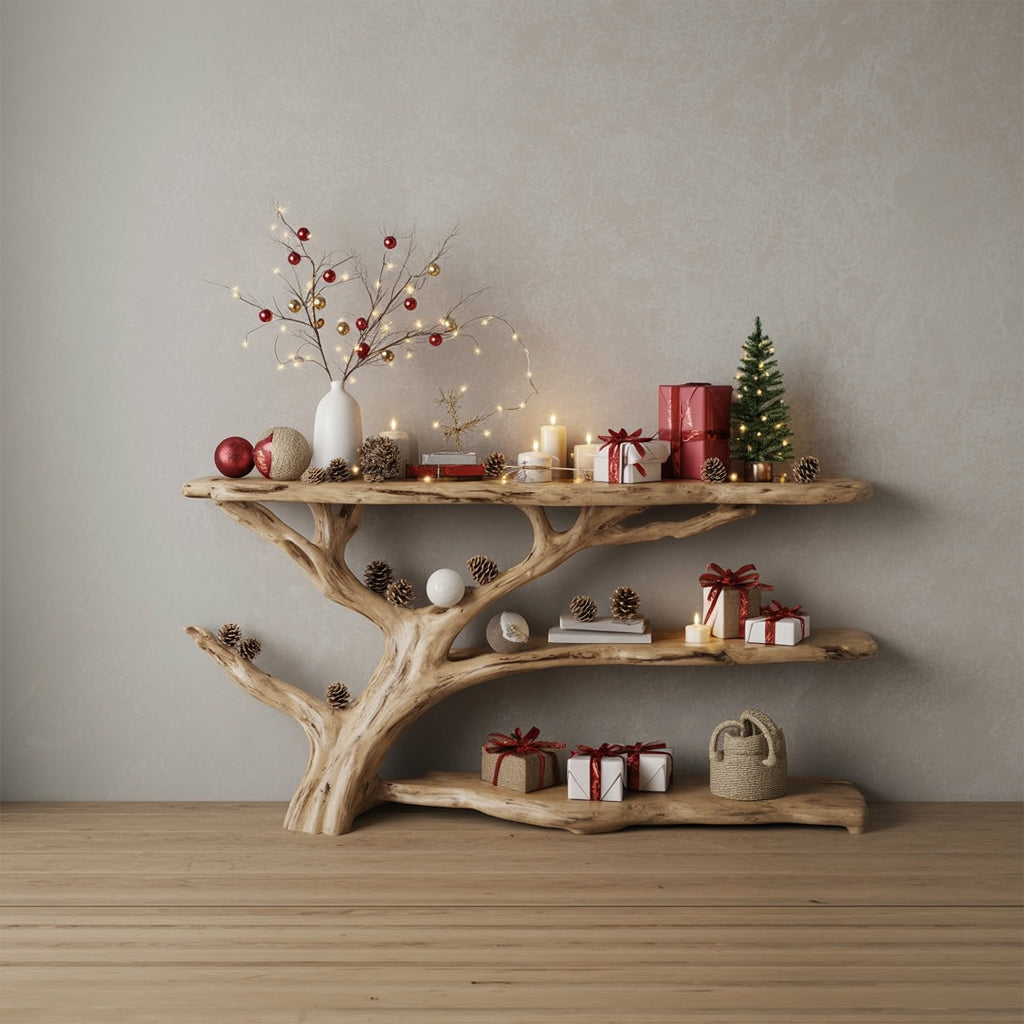 Schmaler Konsolentisch mit Baumast-Bücherregal – Rustikales Live Edge Holz