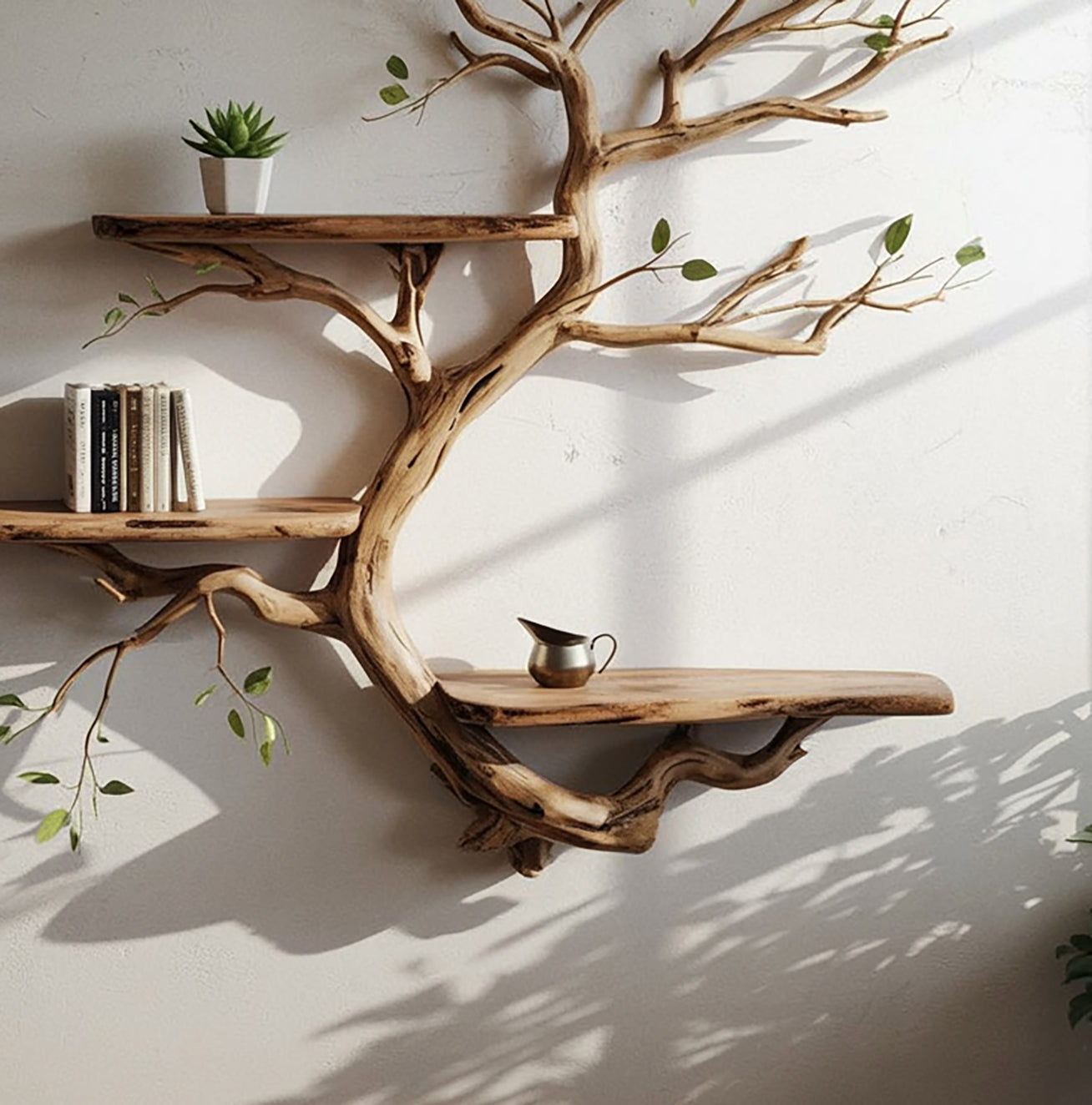 Live Edge Massivholz-Bücherregal – Wandmontiertes Treibholz-Wandregal als Kunstobjekt