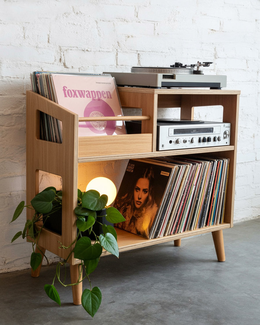 Mid-Century-Modern Plattenspieler-Regal mit Vinyl-Stauraum – Massivholz-Plattentisch