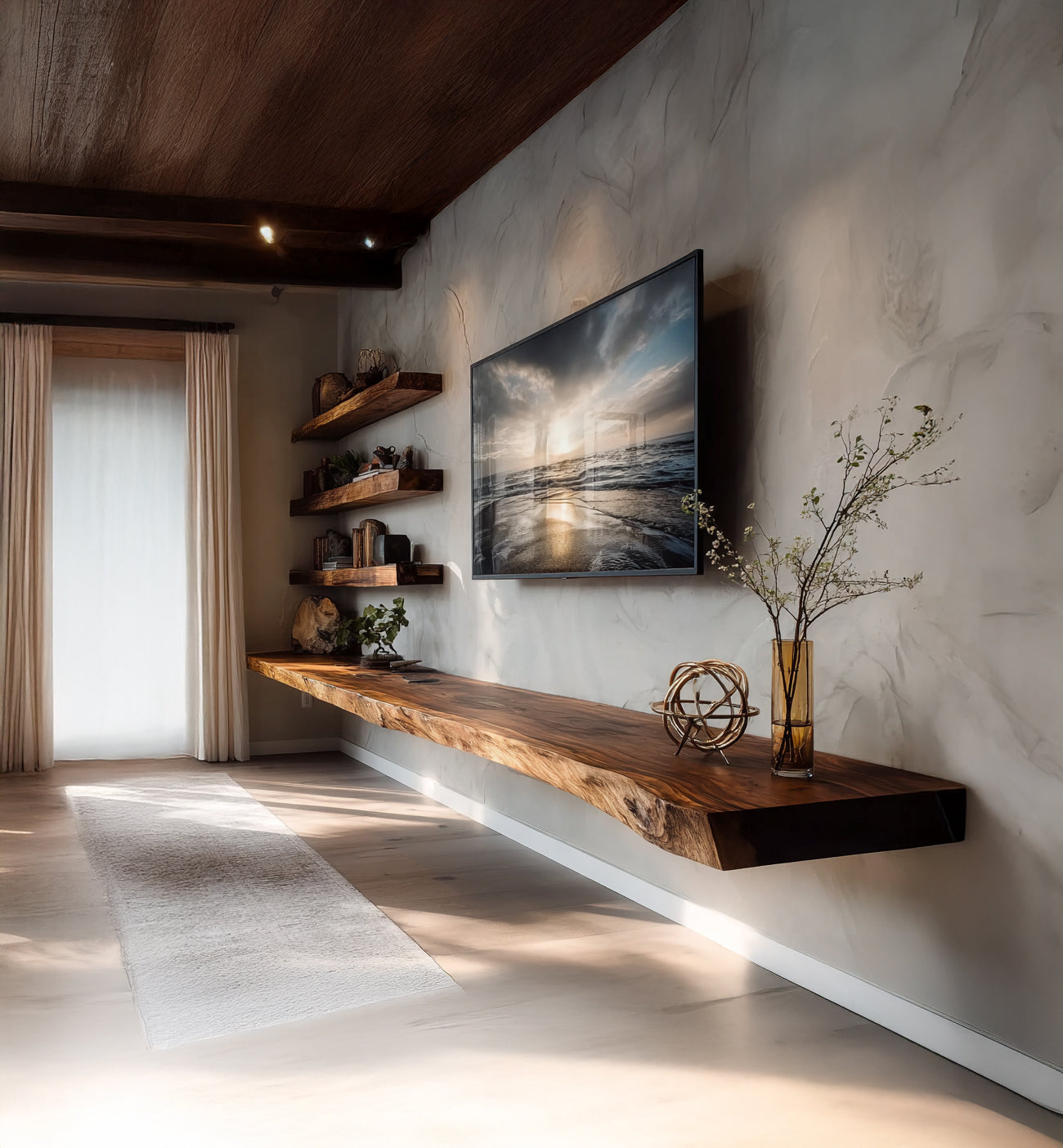 Rustikaler Baumkanten-TV-Schrank – Walnuss Massivholz & handgefertigt