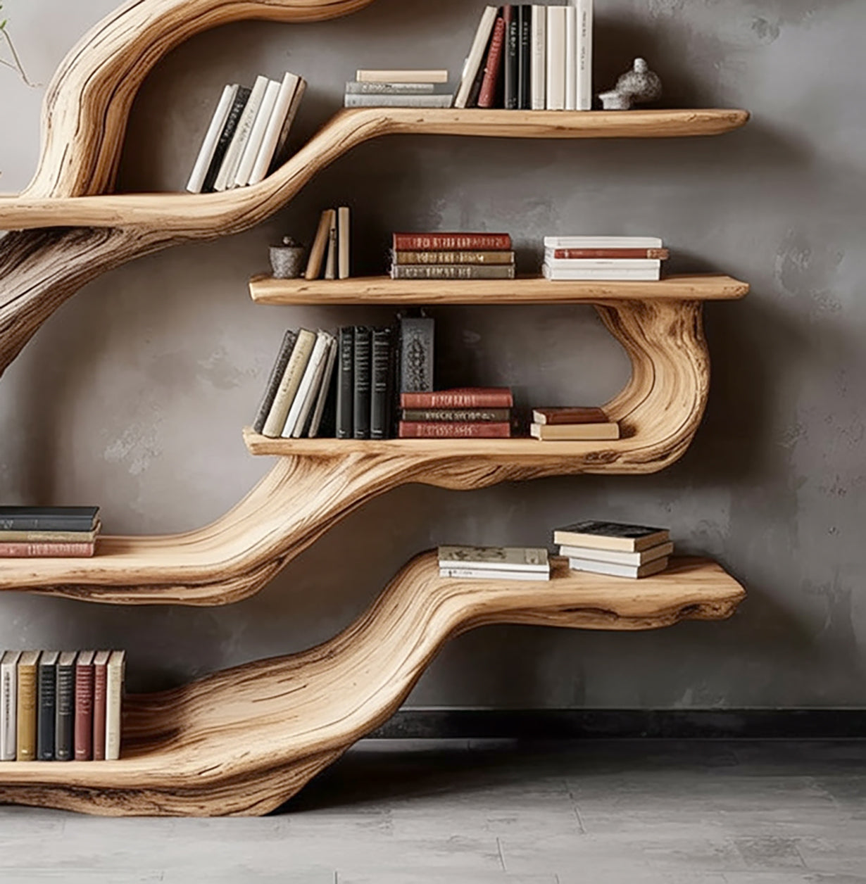 Handgefertigtes Live Edge Bücherregal – künstlerisches Baumzweig-Design