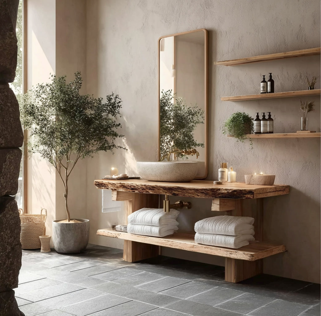 Handgefertigter Rustikaler Massivholz-Waschtisch mit Live Edge & Ablage