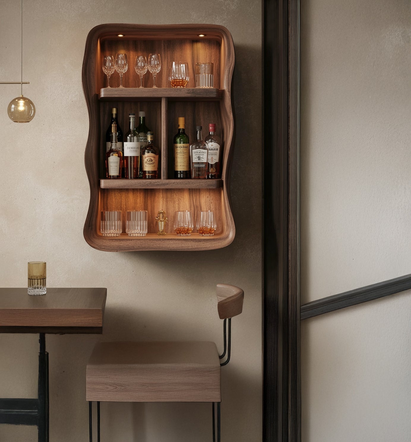 Rustikales Live Edge Barregal – schwebendes Massivholz-Regal für Küche & Bar