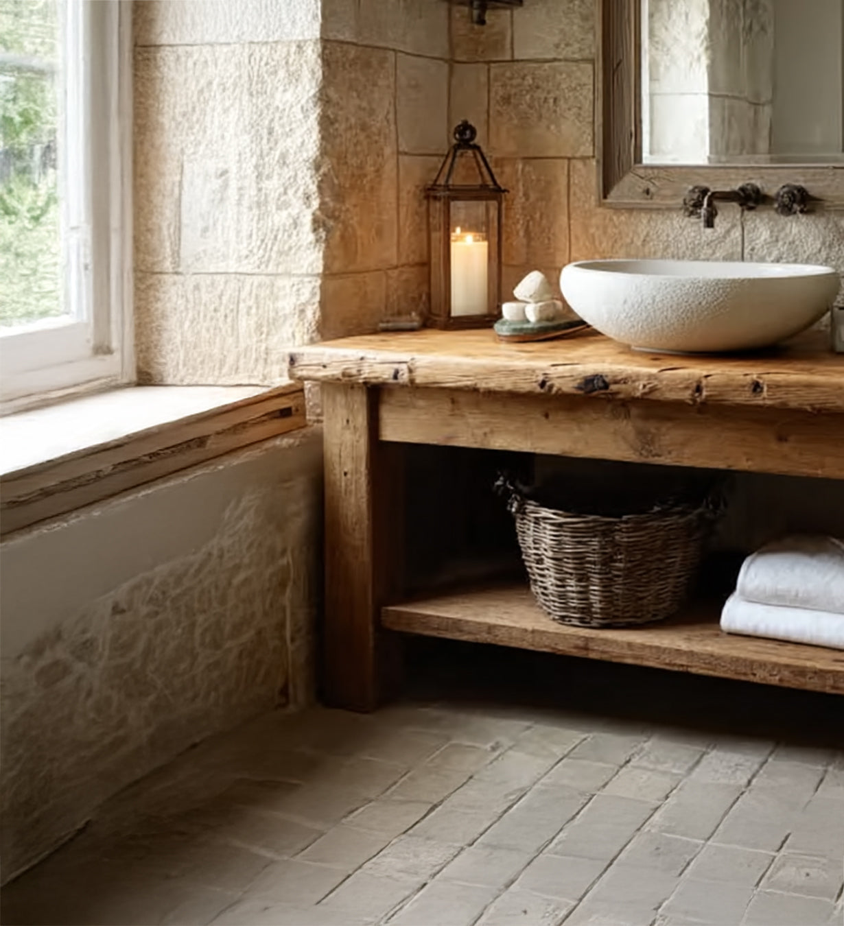 Rustikaler Holz-Waschtisch – Handgefertigt mit Live-Edge-Regal für stilvolles Badezimmer