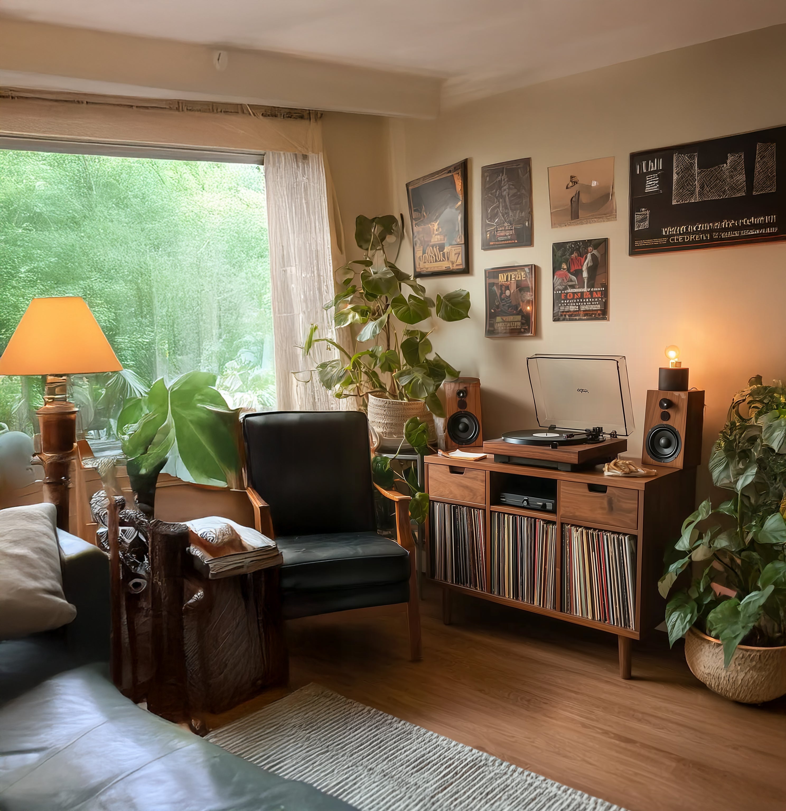 Handgefertigter Plattenspieler-Ständer aus Naturholz mit Aufbewahrung