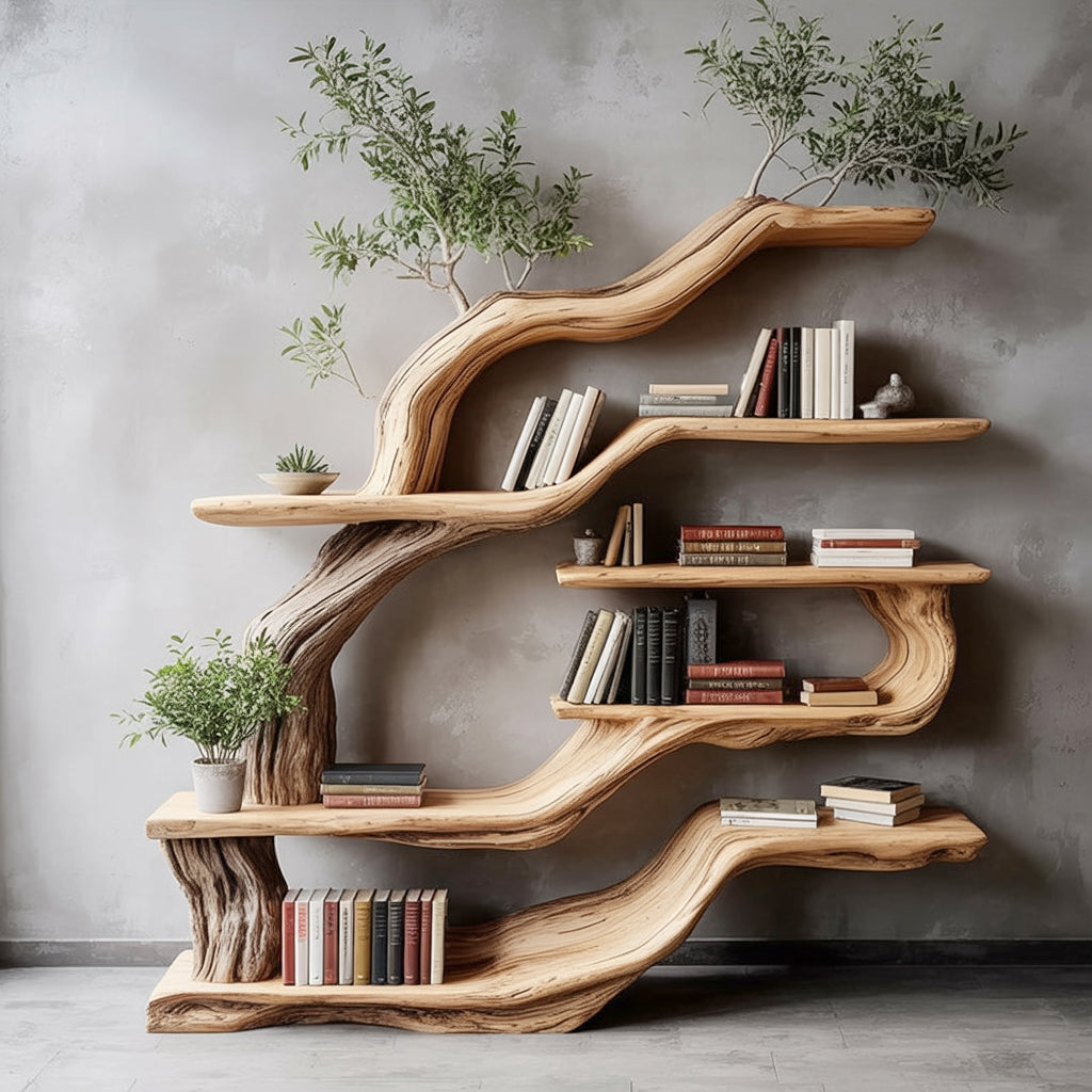 Handgefertigtes Live Edge Bücherregal – künstlerisches Baumzweig-Design