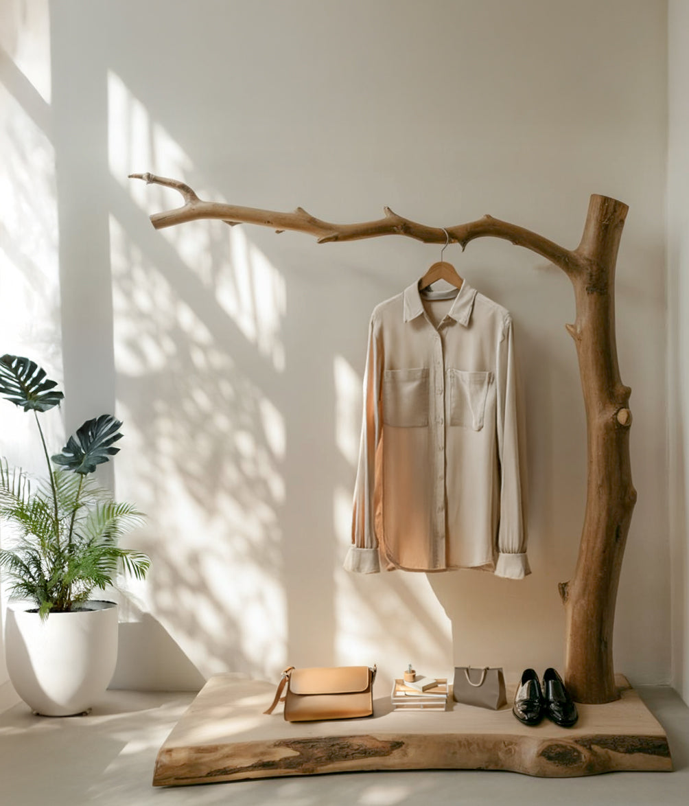 Handgefertigtes Holzregal mit Garderobenhaken – Baumzweig-Stil, stehender Kleiderständer