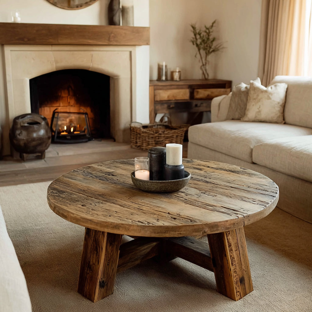 Runder Eichen-Couchtisch – Rustikales Upcycling-Holz im Landhausstil