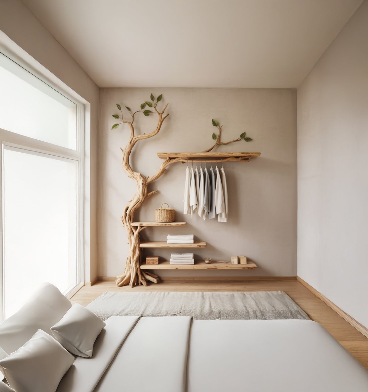 Rustikaler Baum-Kleiderständer – handgefertigt, wandmontiert mit Holzregalen