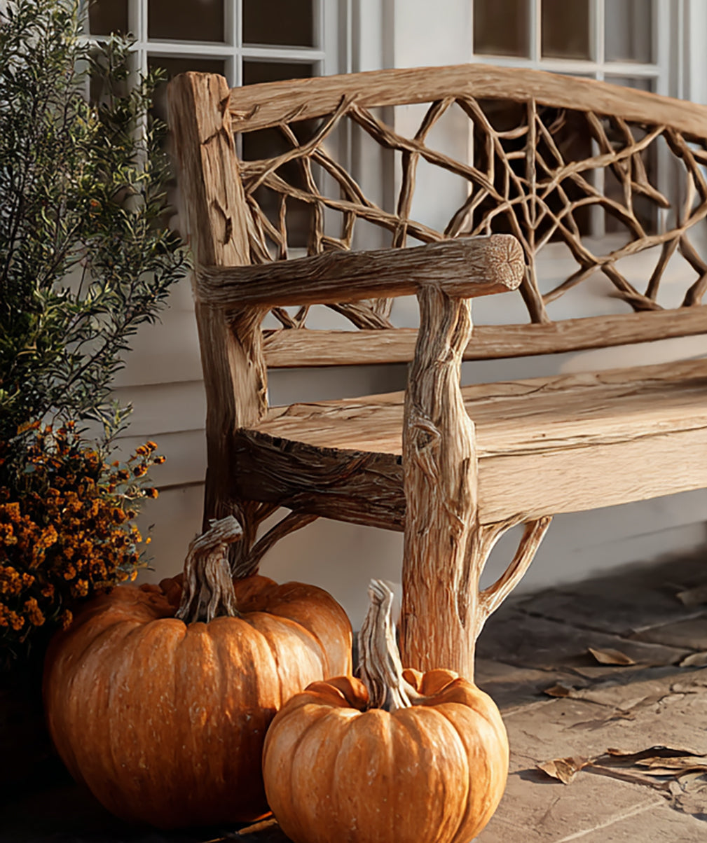Bauernhaus-Terrassenbank – Handgefertigte Holzbank für Halloween auf der Veranda