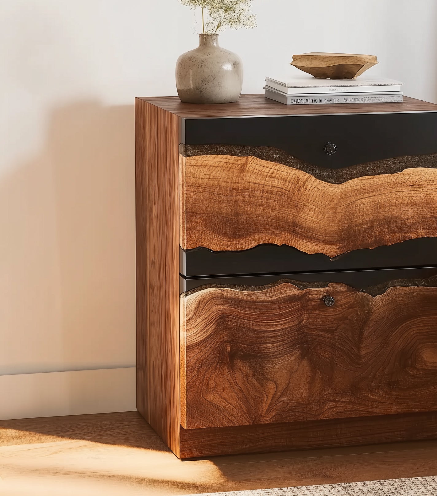 Rustikaler Nachttisch aus Massivholz mit Schublade und offenem Ablagefach