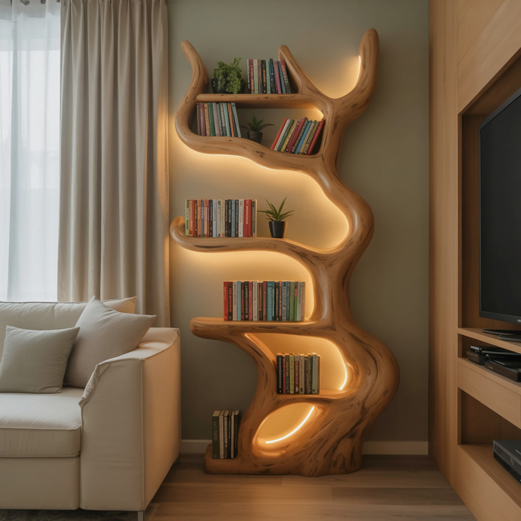 Rustikales Baum-Bücherregal – schwebendes Wandregal aus Massivholz