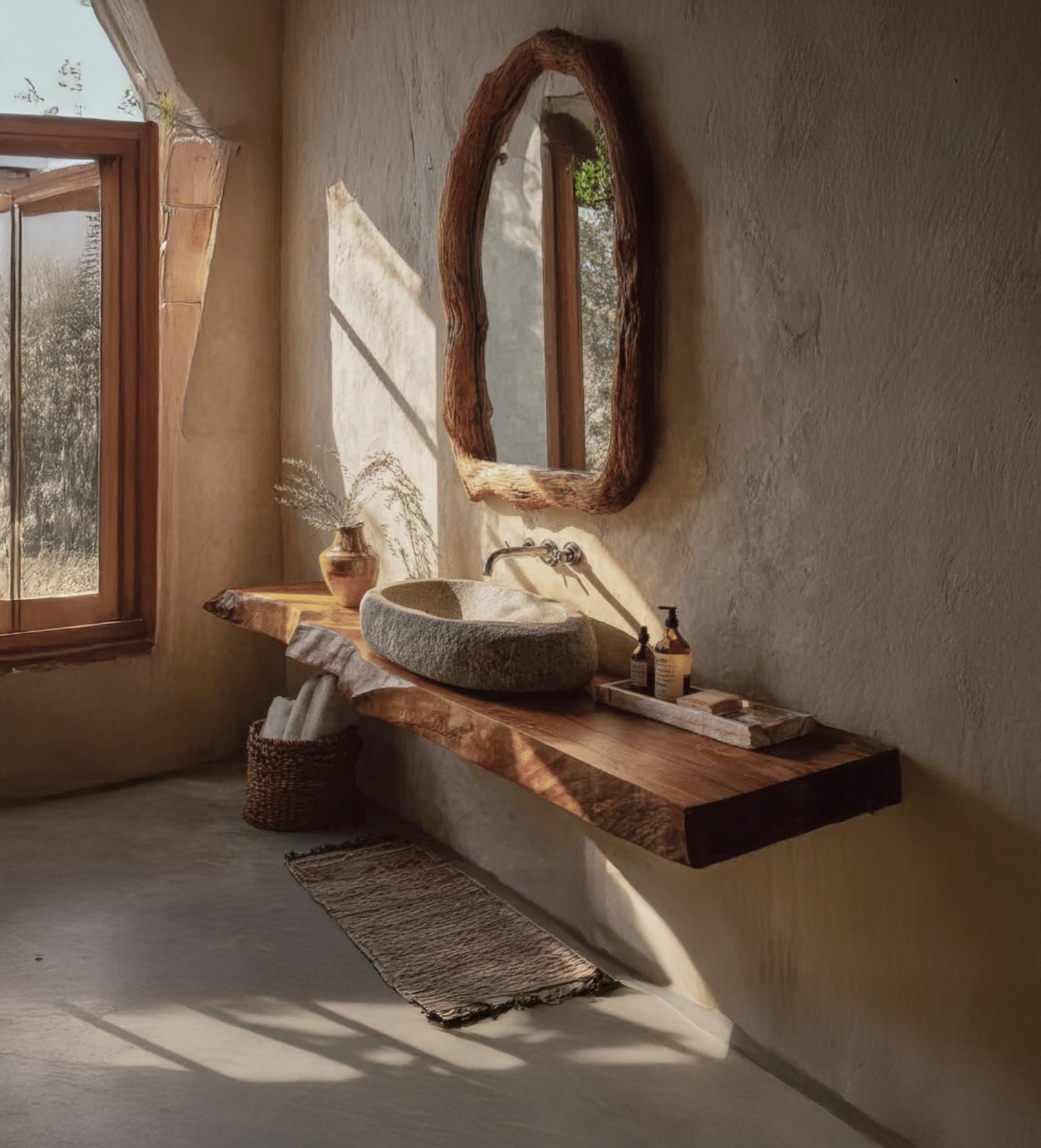 Rustikaler Massivholz-Waschtisch mit Baumkante – schwebendes Badezimmerregal