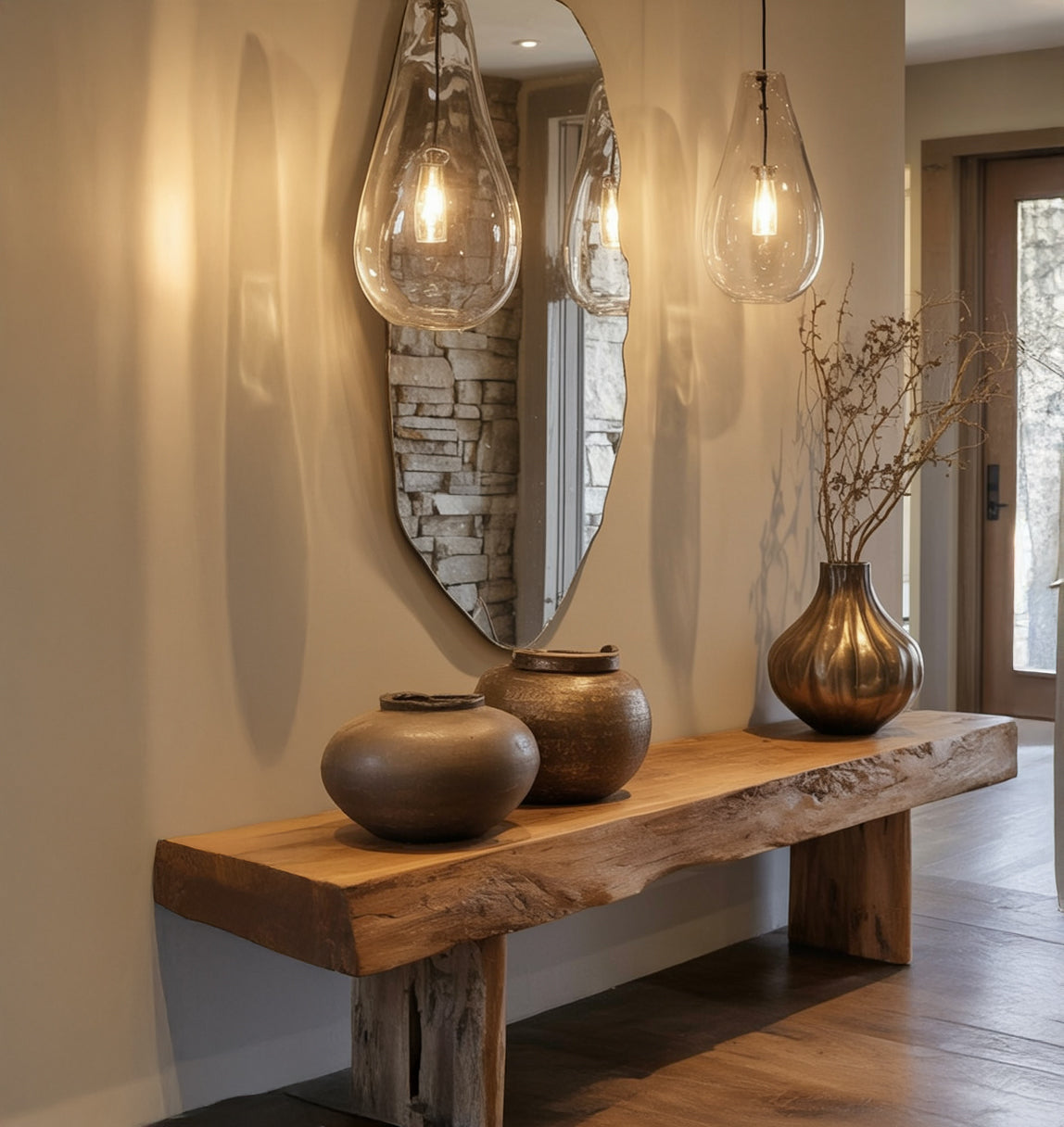 Handgefertigte Massivholz-Bank mit Baumkante – rustikaler Flur-Sitzplatz & Schuhregal