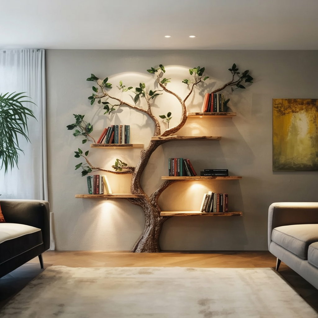 Handgefertigtes Baum-Bücherregal – Wandregal aus Naturholz
