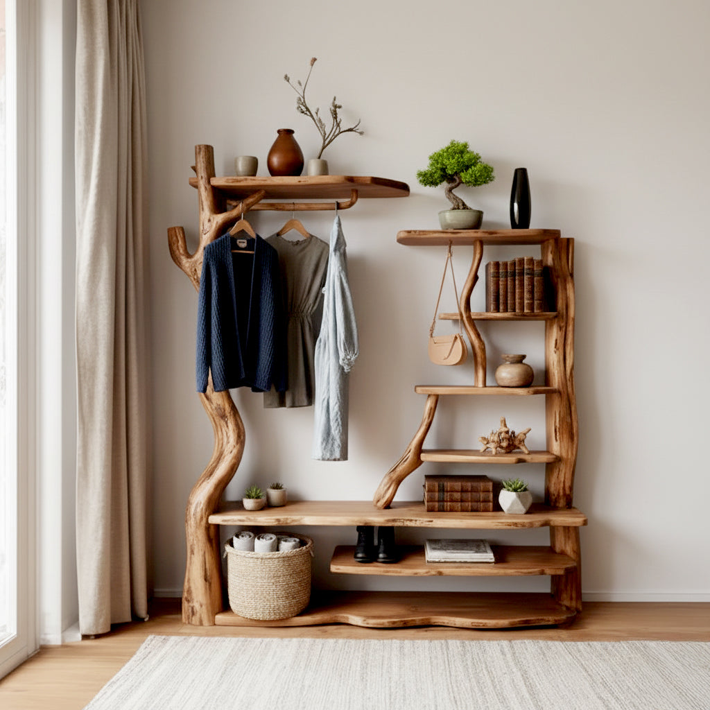 Baumzweig Wandgarderobe aus Treibholz mit Haken und Ablage