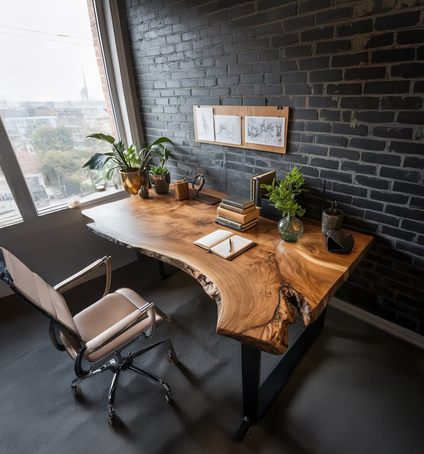 Rustikaler Massivholz-Schreibtisch mit Baumkante und Schubladen