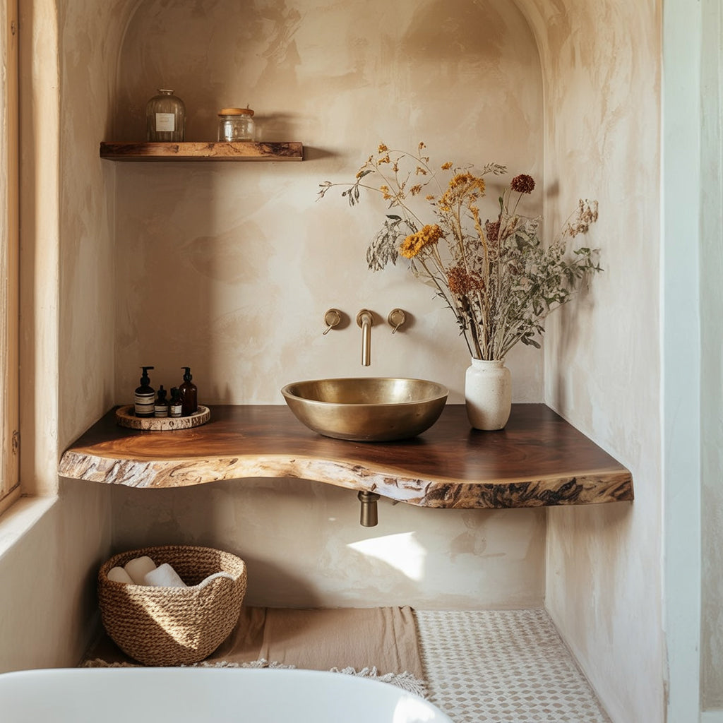 Schwebendes Live-Edge Waschtischregal – Handgemachte rustikale Baddeko