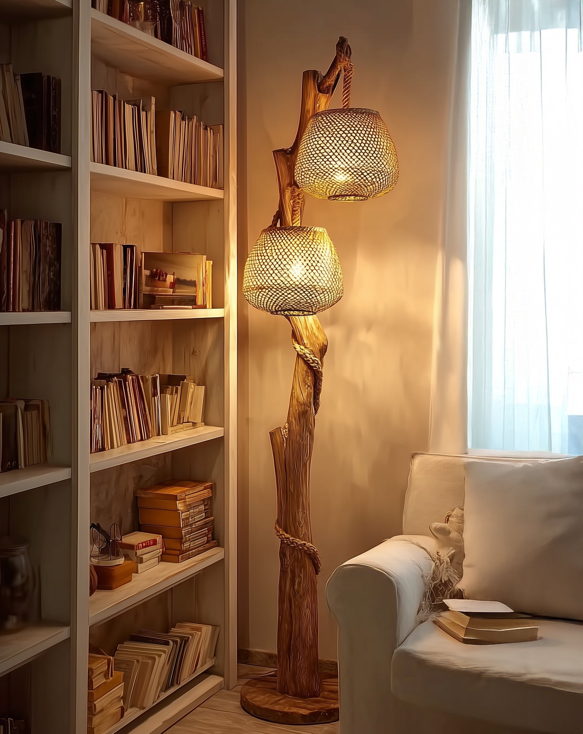 Baum-Stehlampe – Handgefertigt aus Naturholz für rustikales Wohnzimmer