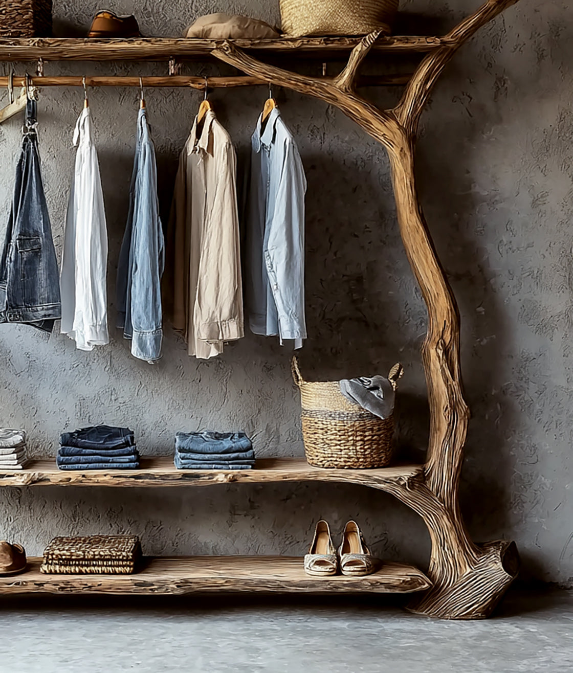 Handgefertigter Kleiderständer aus Astholz – Massivholz-Garderobe mit Ablage