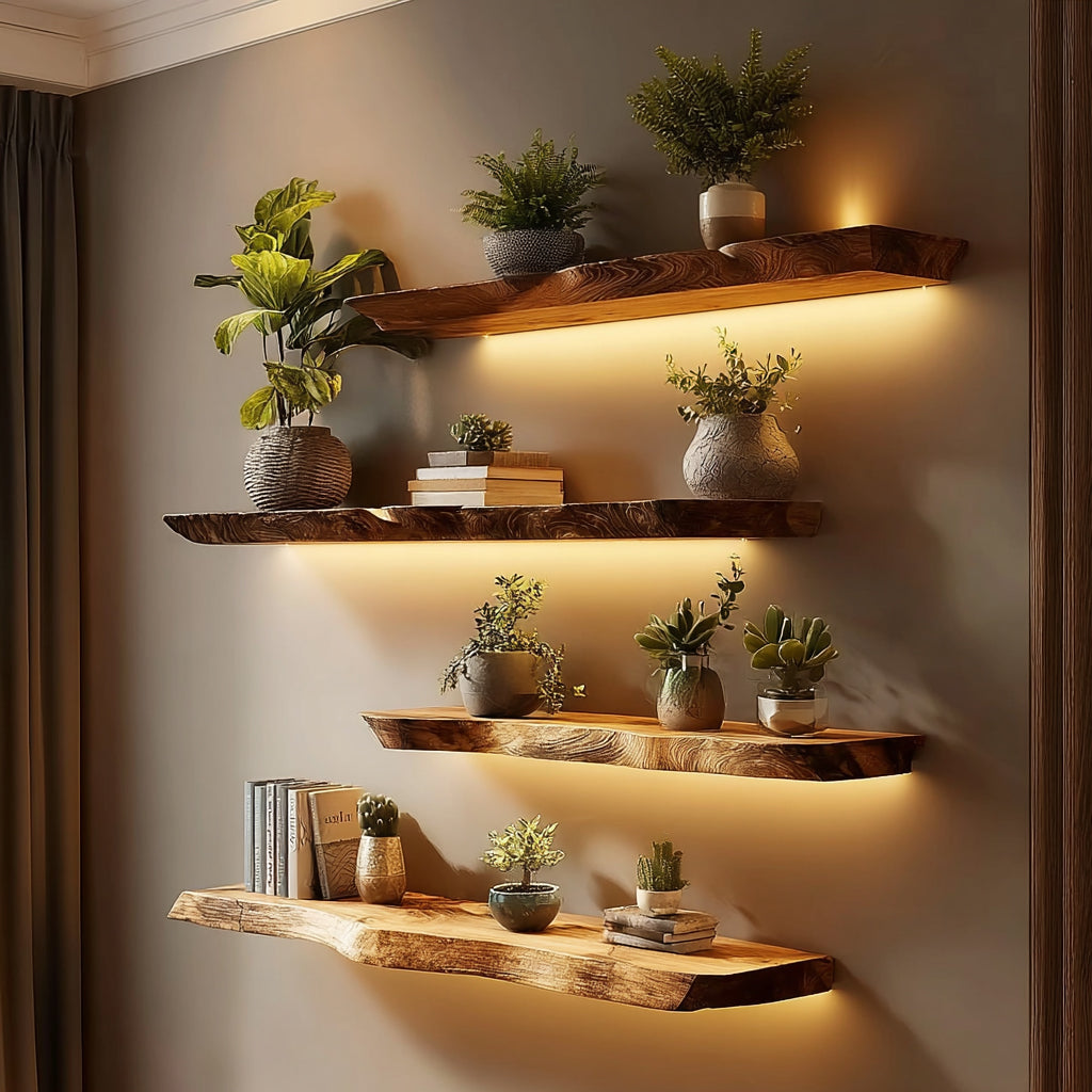 Schwebendes Massivholzregal mit Baumkante – Rustikale Wanddeko