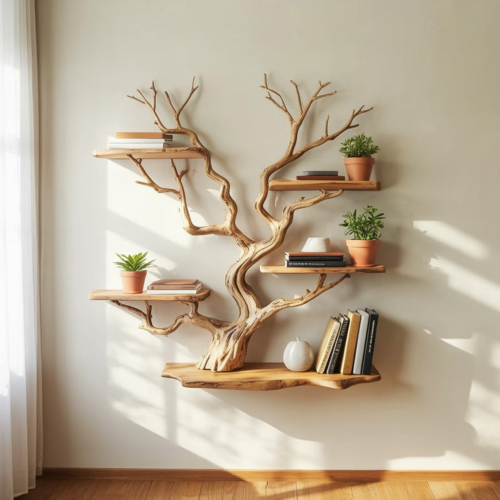 Schwebendes Tree Branch Bücherregal aus Massivholz – Treibholz Wandkunst