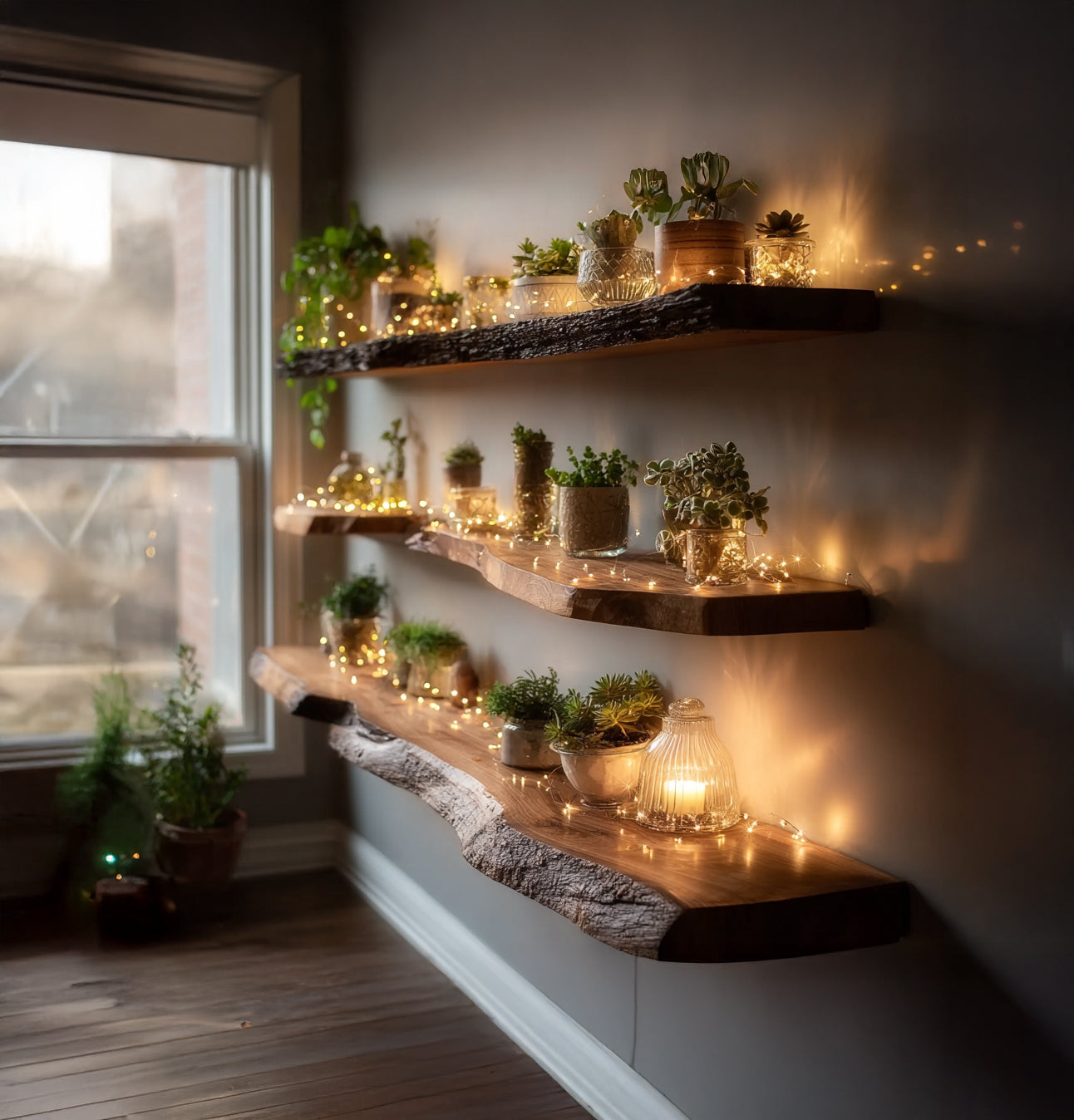 Schwebendes Massivholz-Live-Edge-Regal für Bad & Waschküche RustikalD