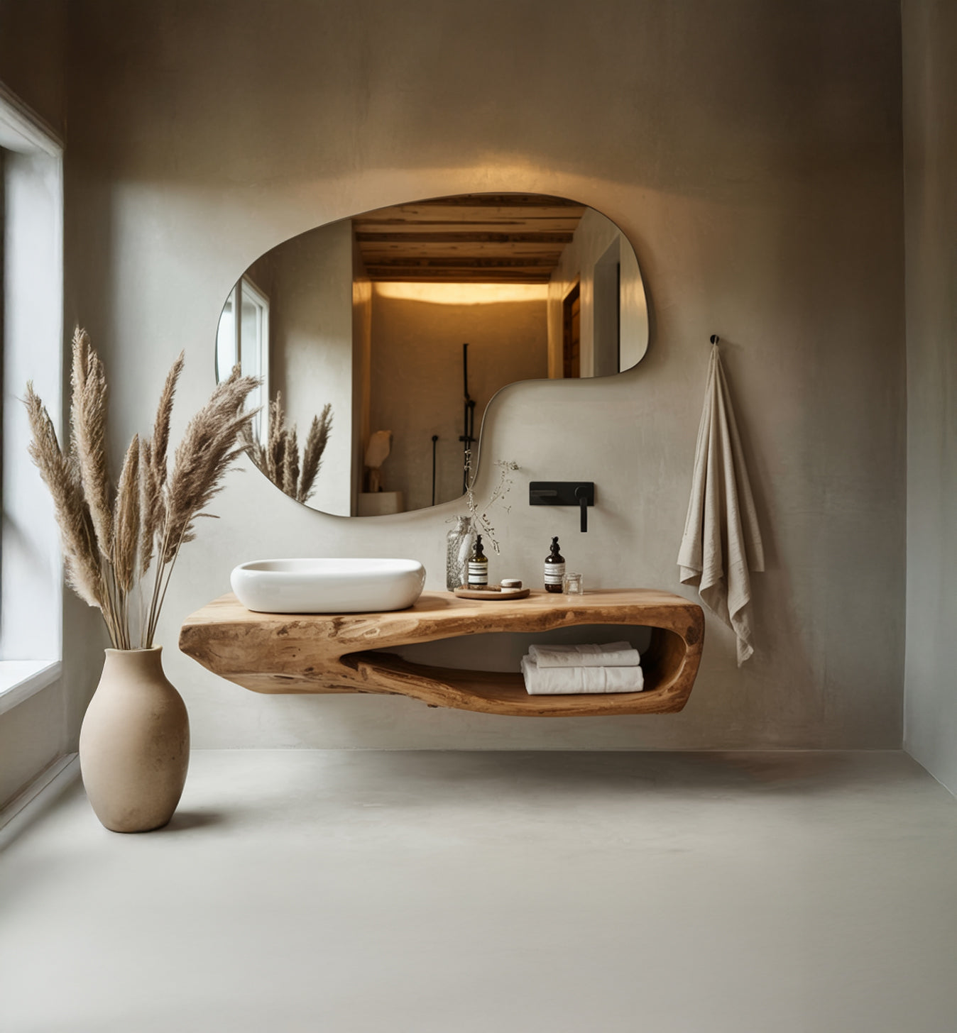 Rustikaler schwebender Badezimmerschrank – Massivholz mit Naturkante, handgefertigt