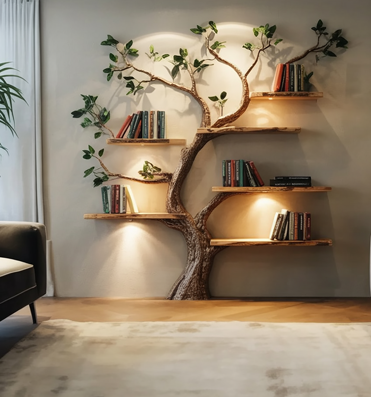 Handgefertigtes Baum-Bücherregal – Wandregal aus Naturholz