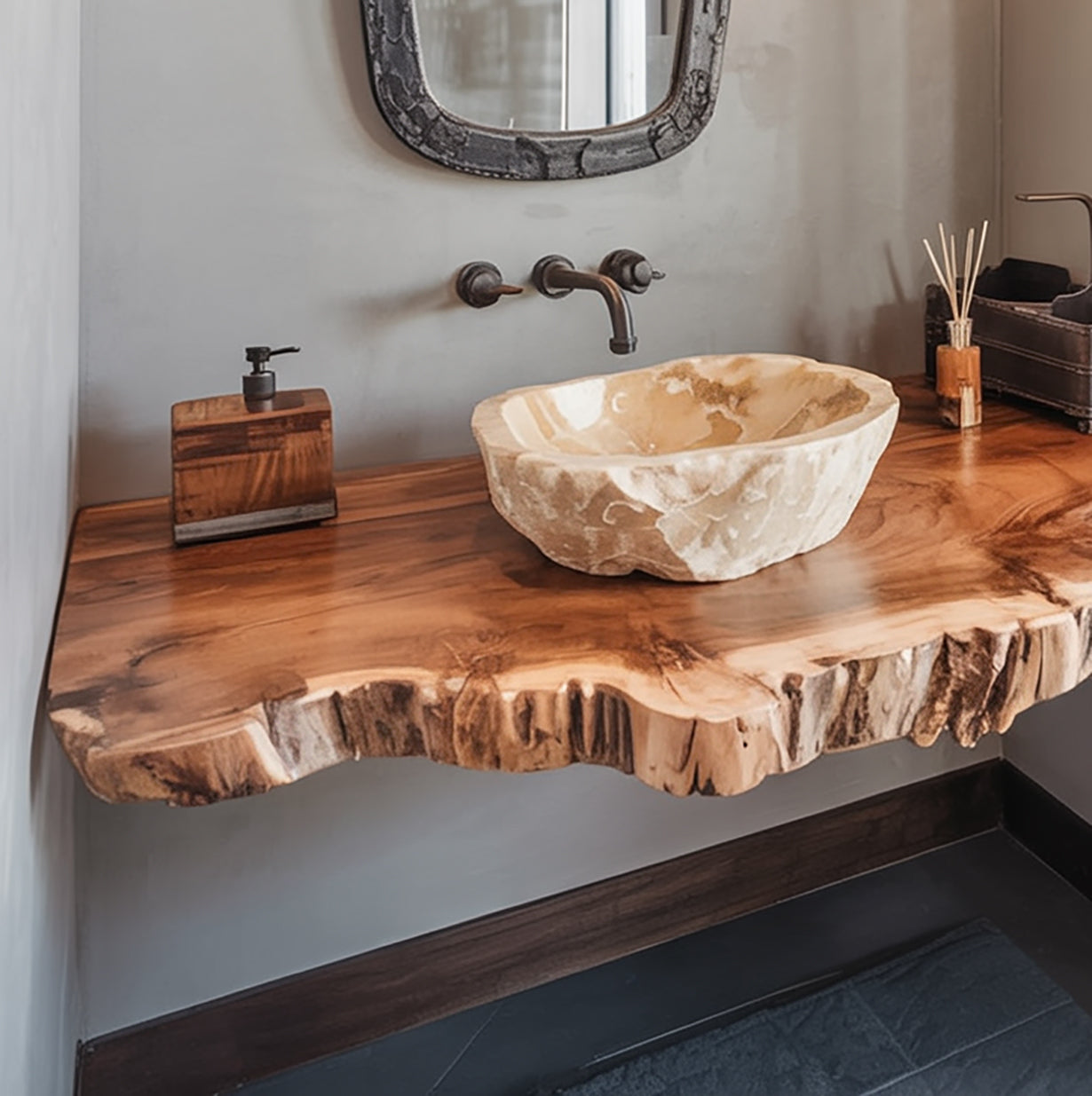 Handgefertigtes schwebendes Waschtischregal aus Massivholz mit Live Edge – rustikal
