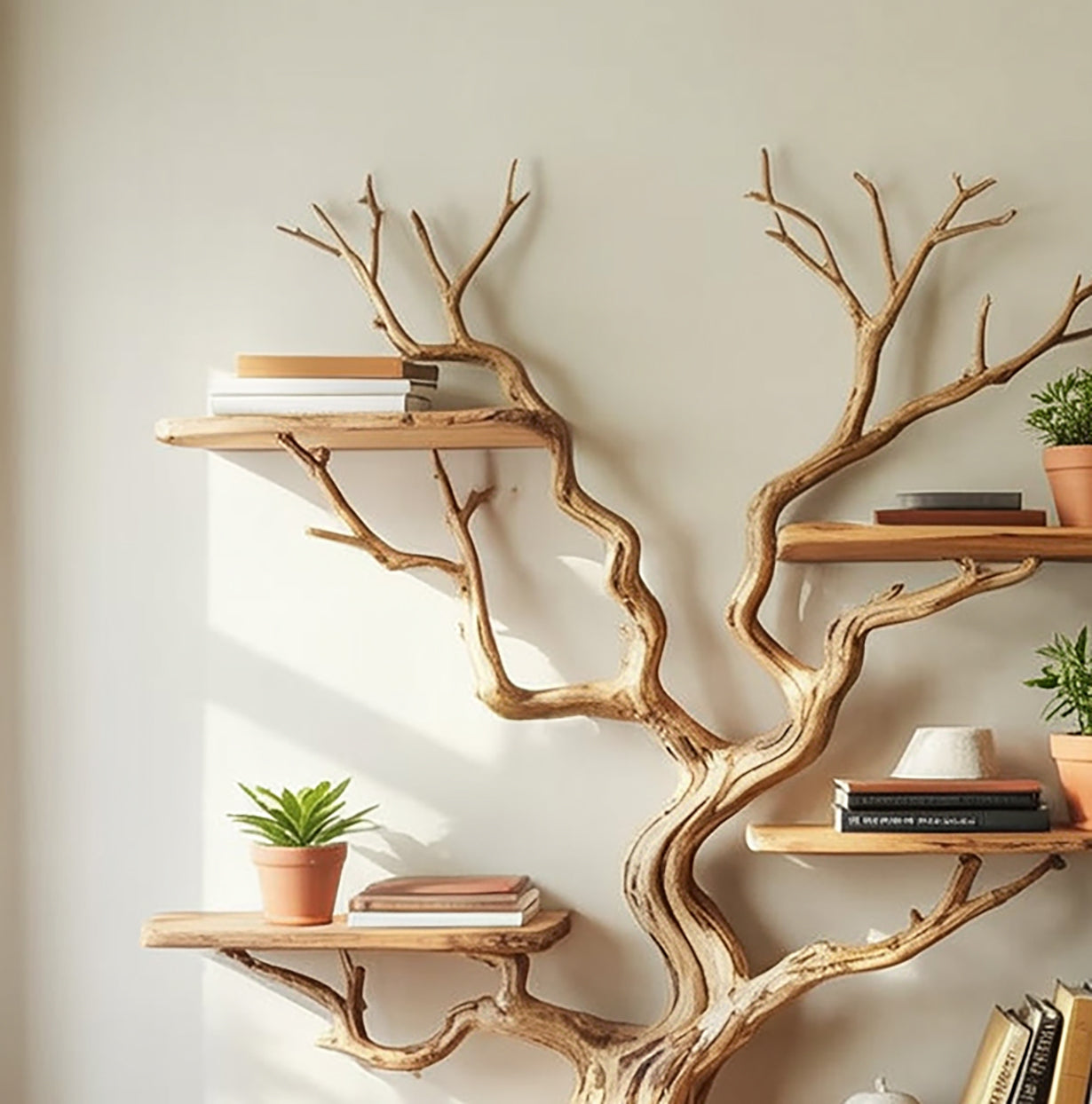 Schwebendes Tree Branch Bücherregal aus Massivholz – Treibholz Wandkunst