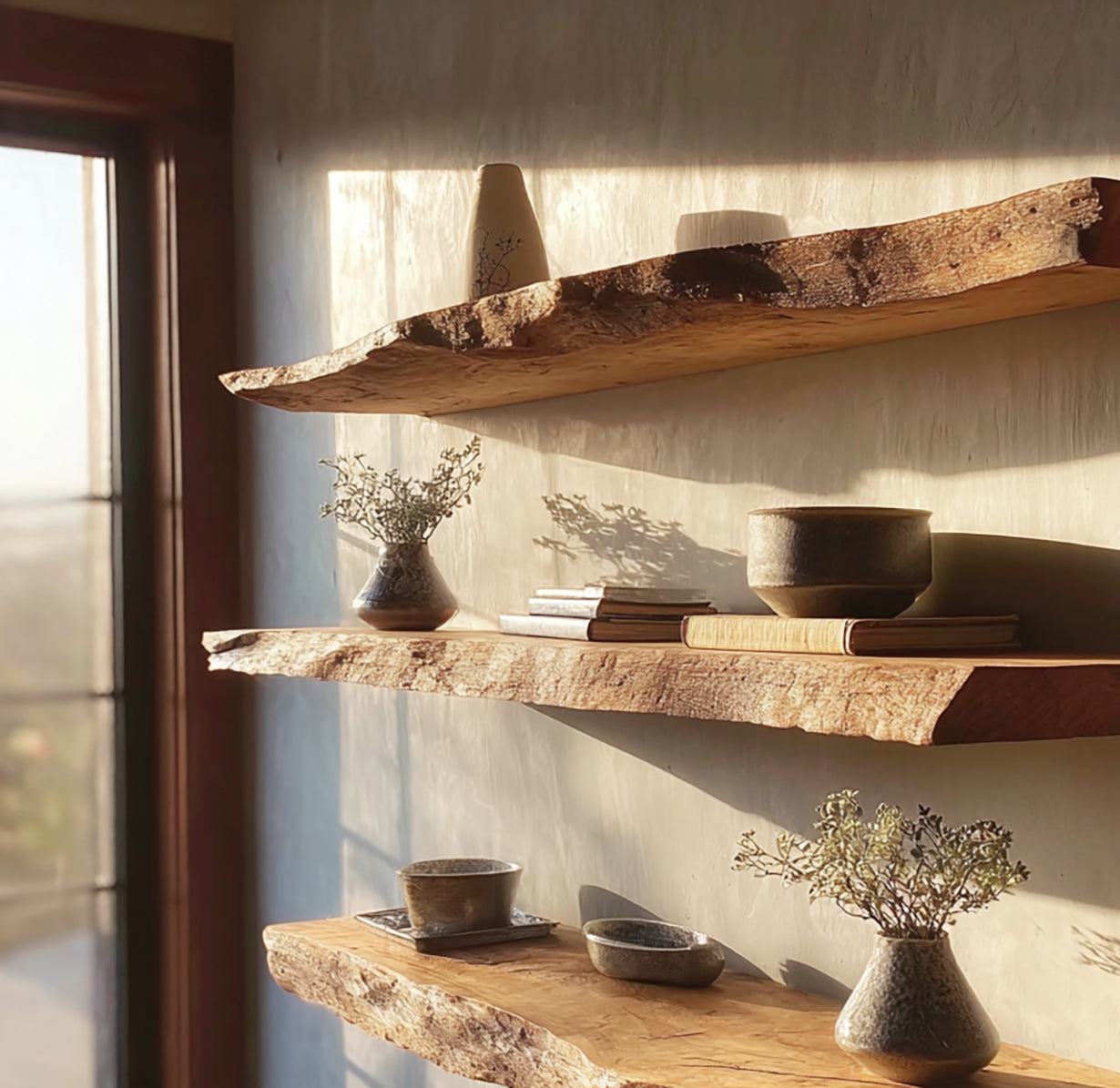 Rustikales schwebendes Wandregal mit Live Edge – Massivholz Deko